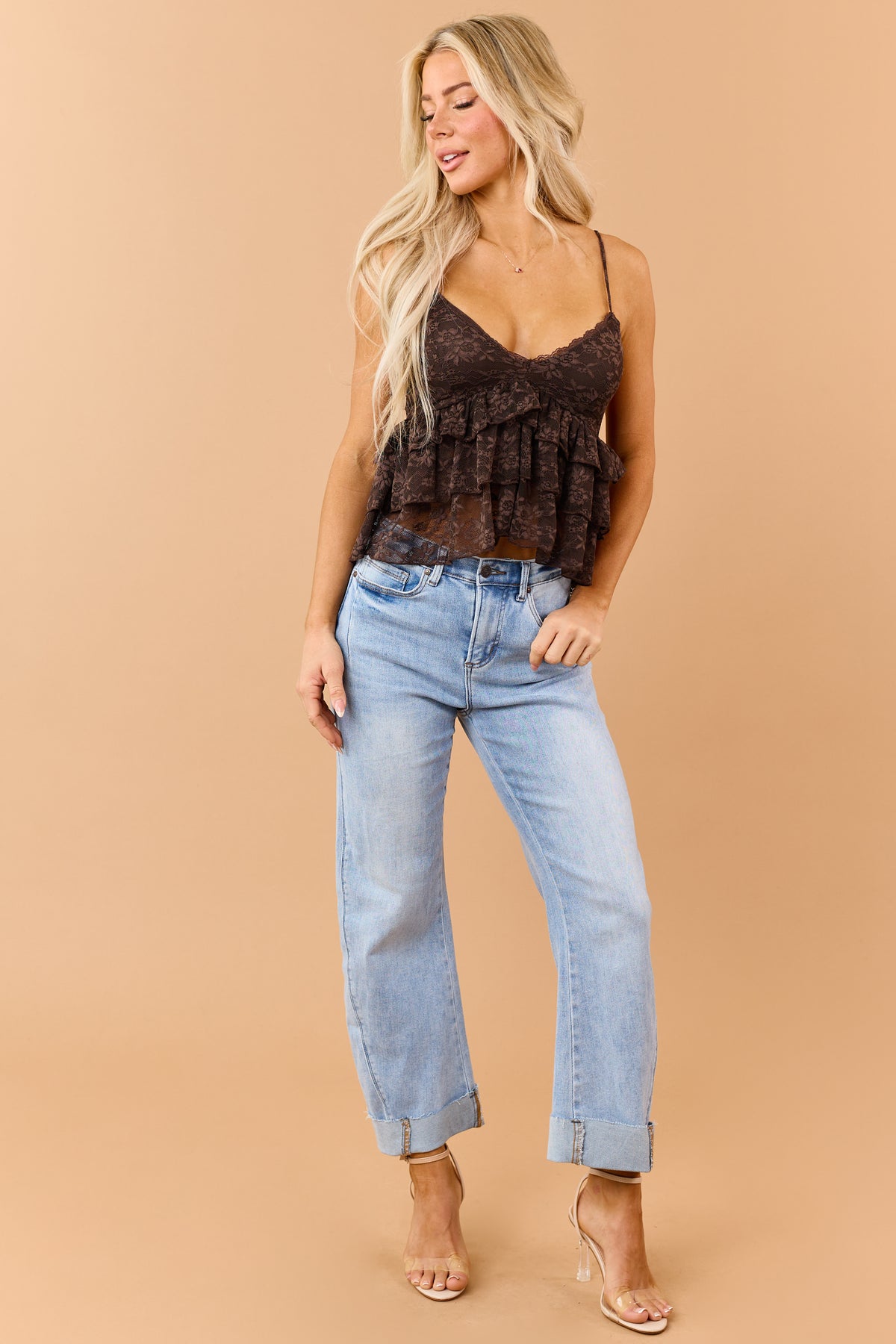 Chocolate Tiered Ruffle Lace Babydoll Cami Top