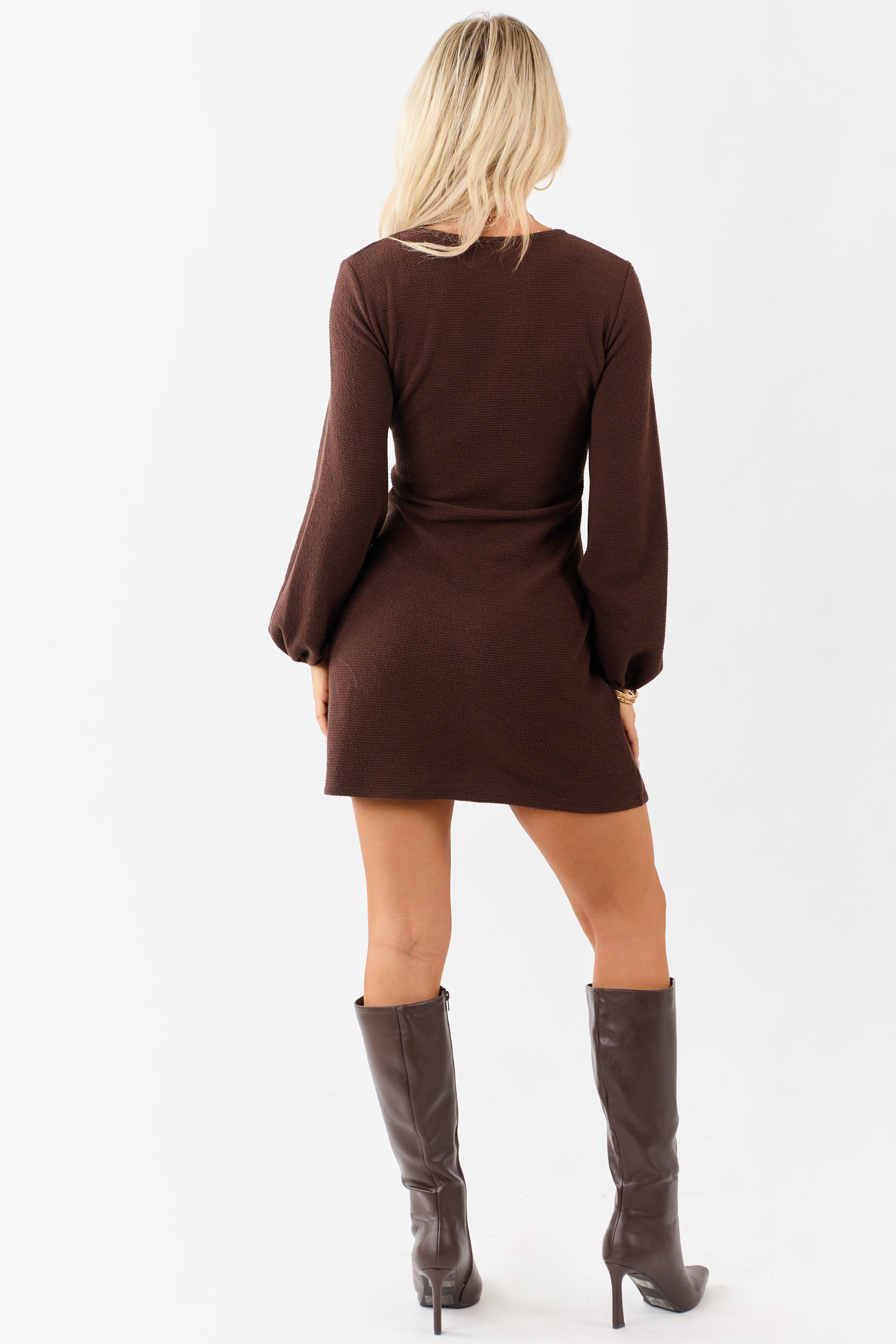 Chocolate Waist Tie Puff Sleeve Knit Mini Dress