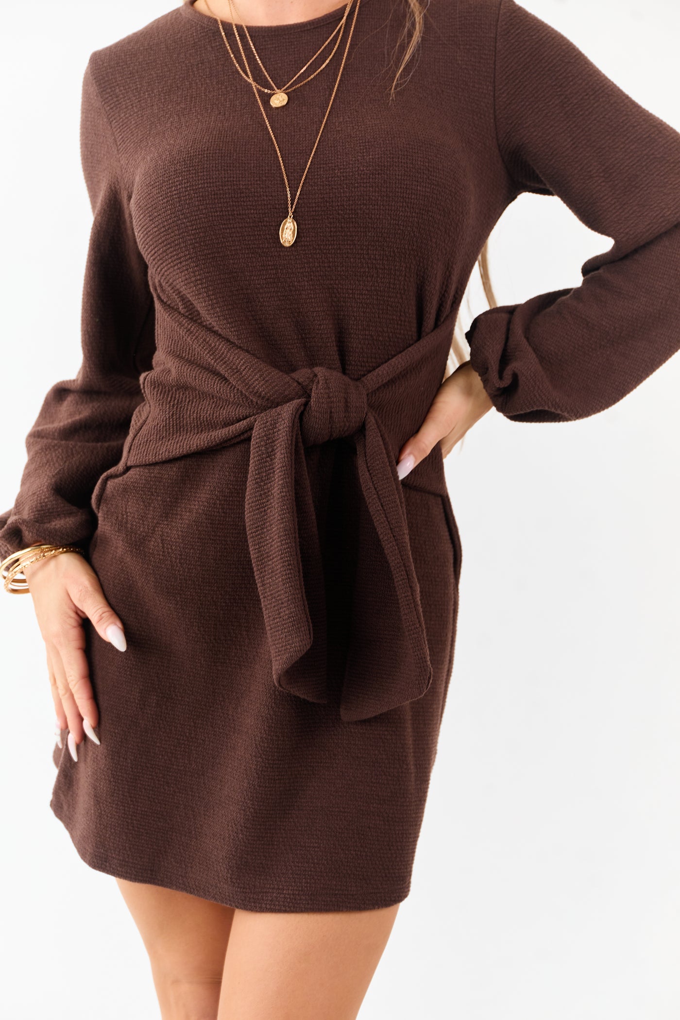 Chocolate Waist Tie Puff Sleeve Knit Mini Dress