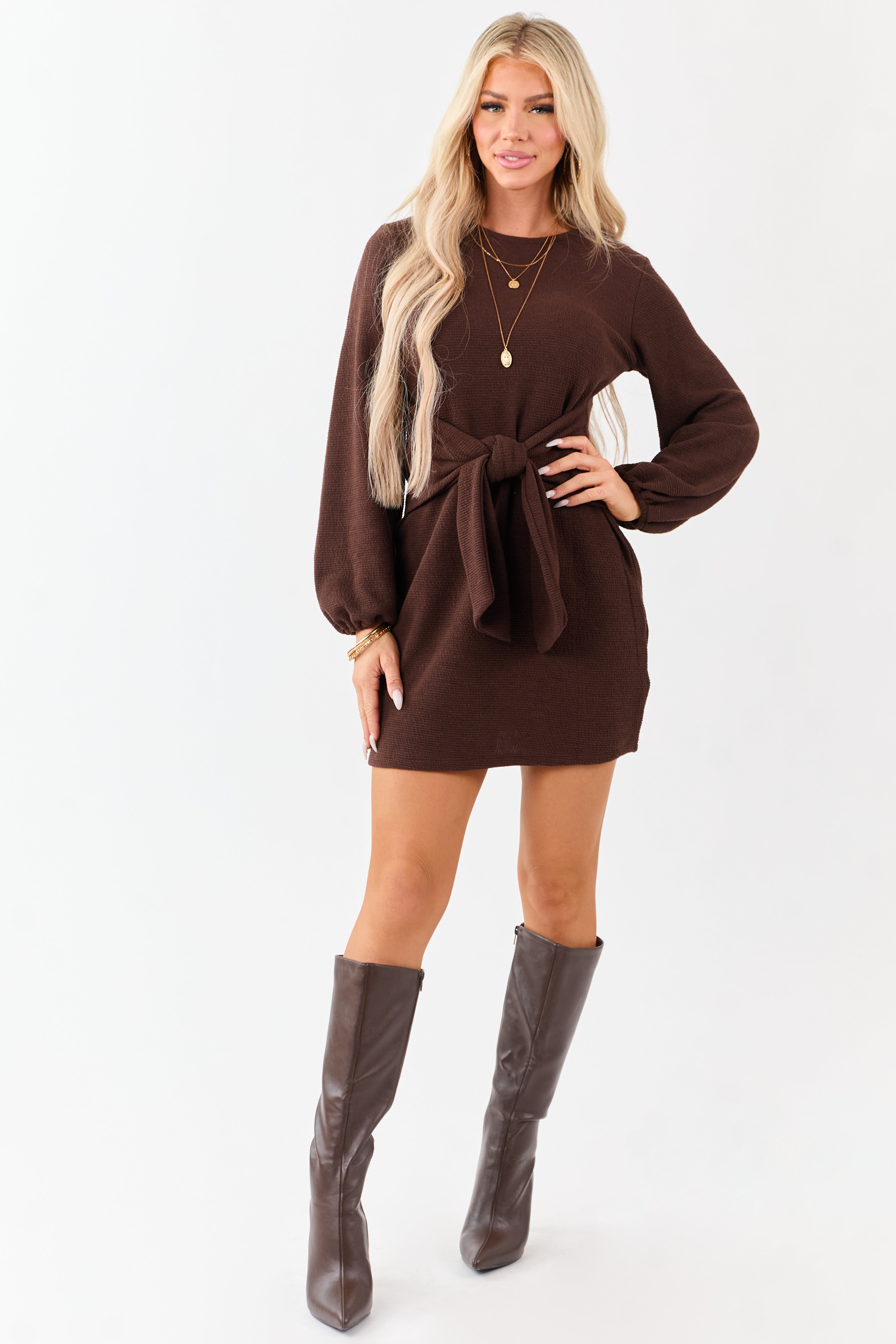 Chocolate Waist Tie Puff Sleeve Knit Mini Dress