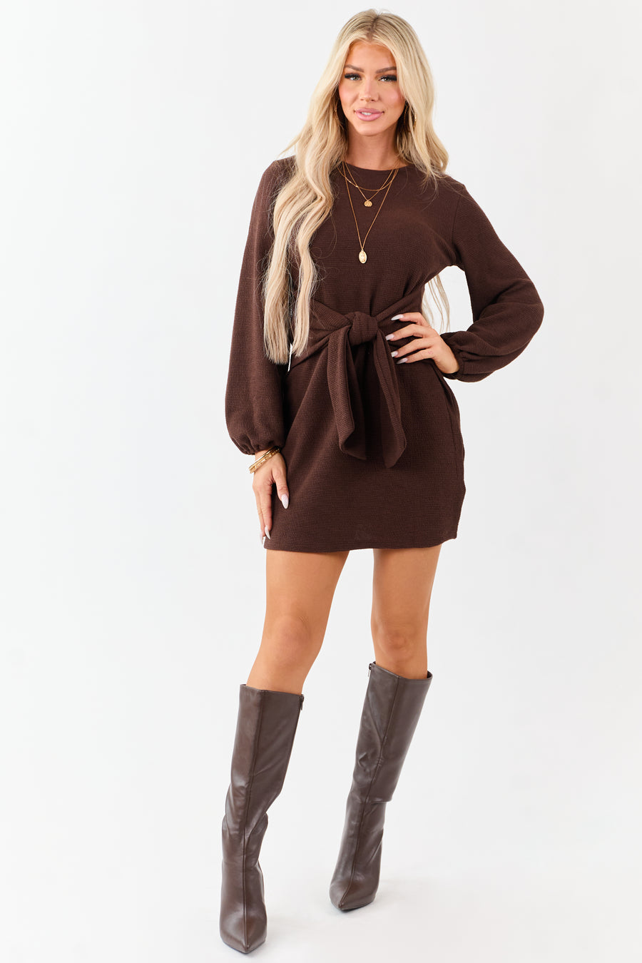 Chocolate Waist Tie Puff Sleeve Knit Mini Dress