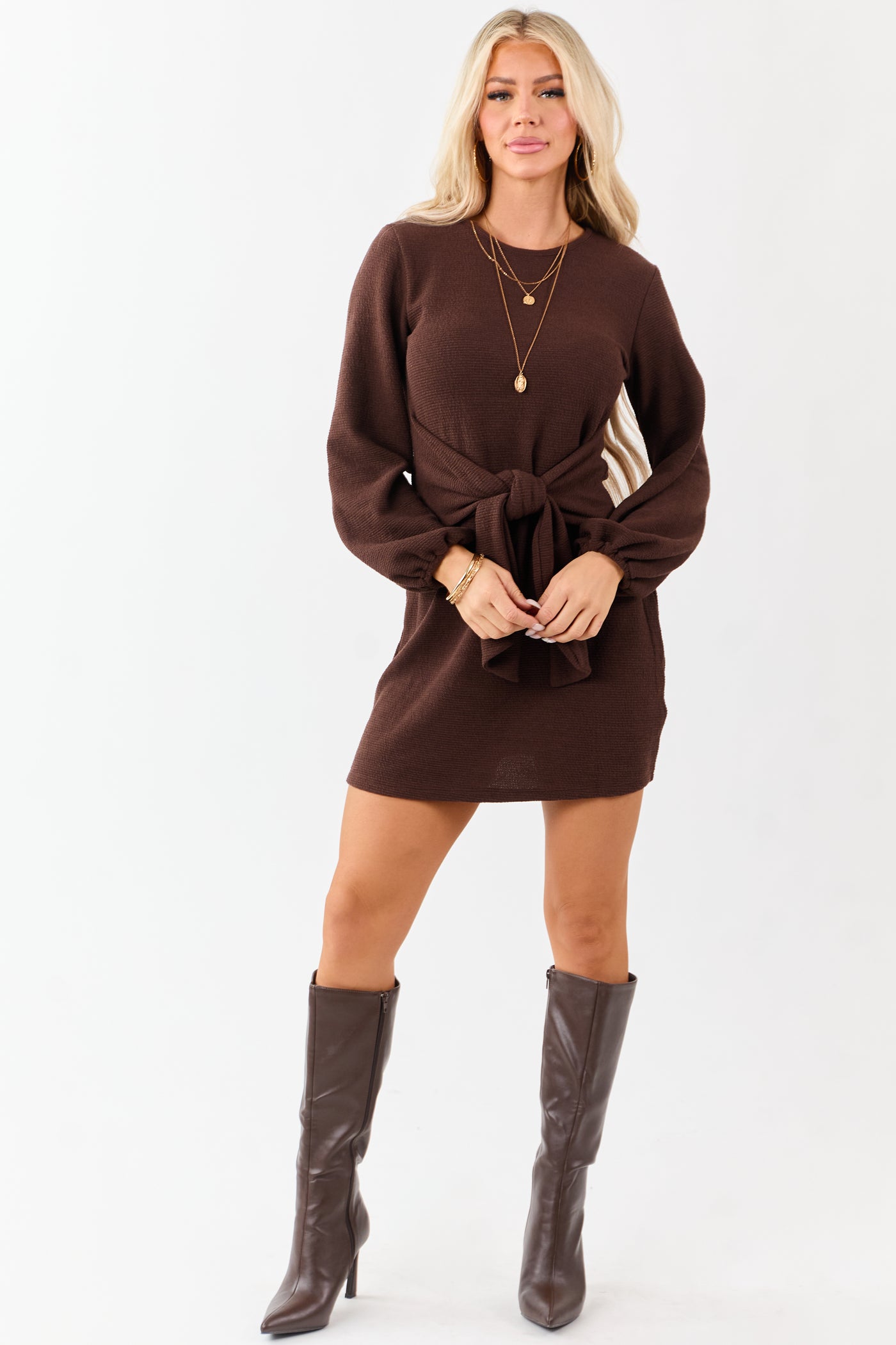 Chocolate Waist Tie Puff Sleeve Knit Mini Dress