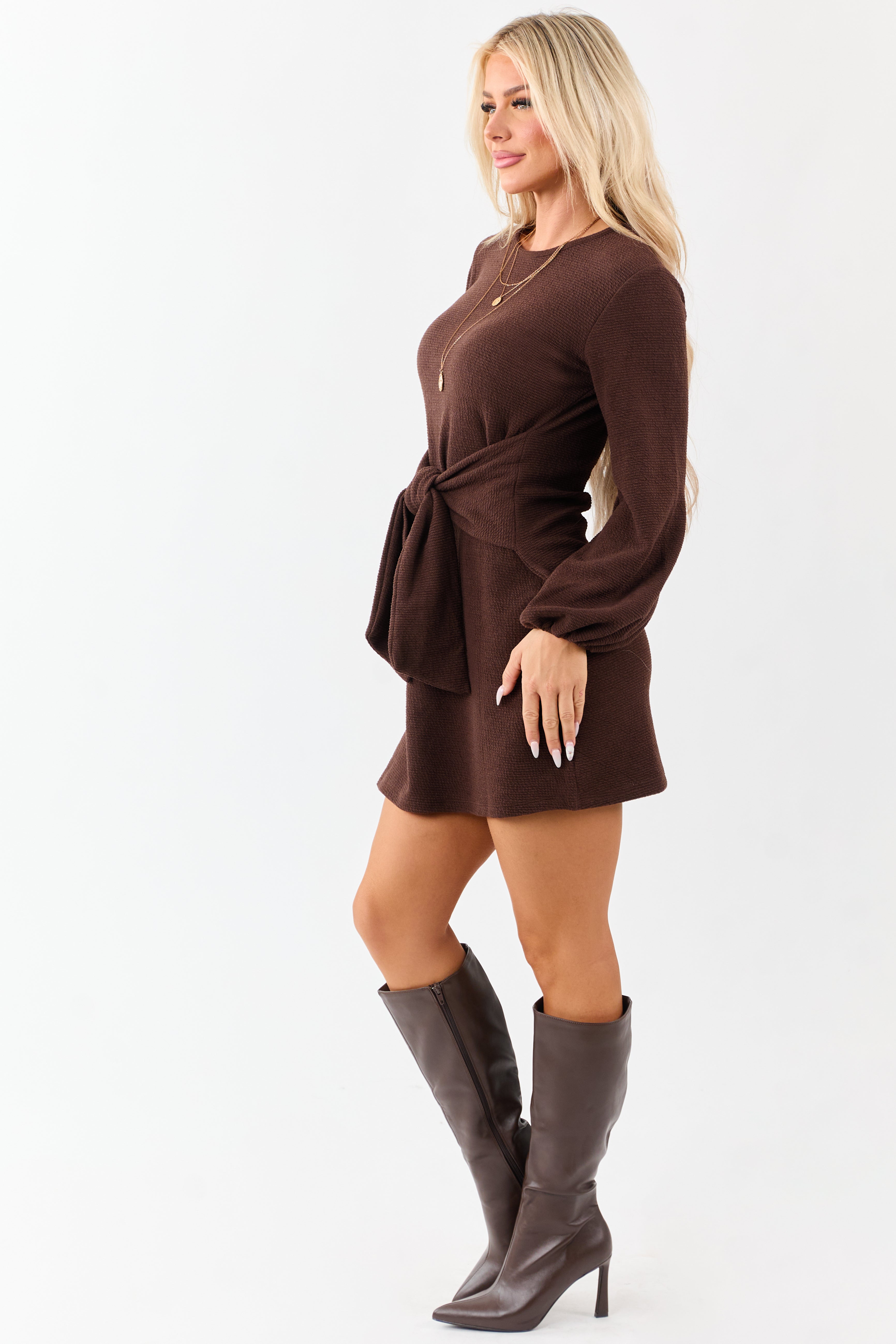 Chocolate Waist Tie Puff Sleeve Knit Mini Dress