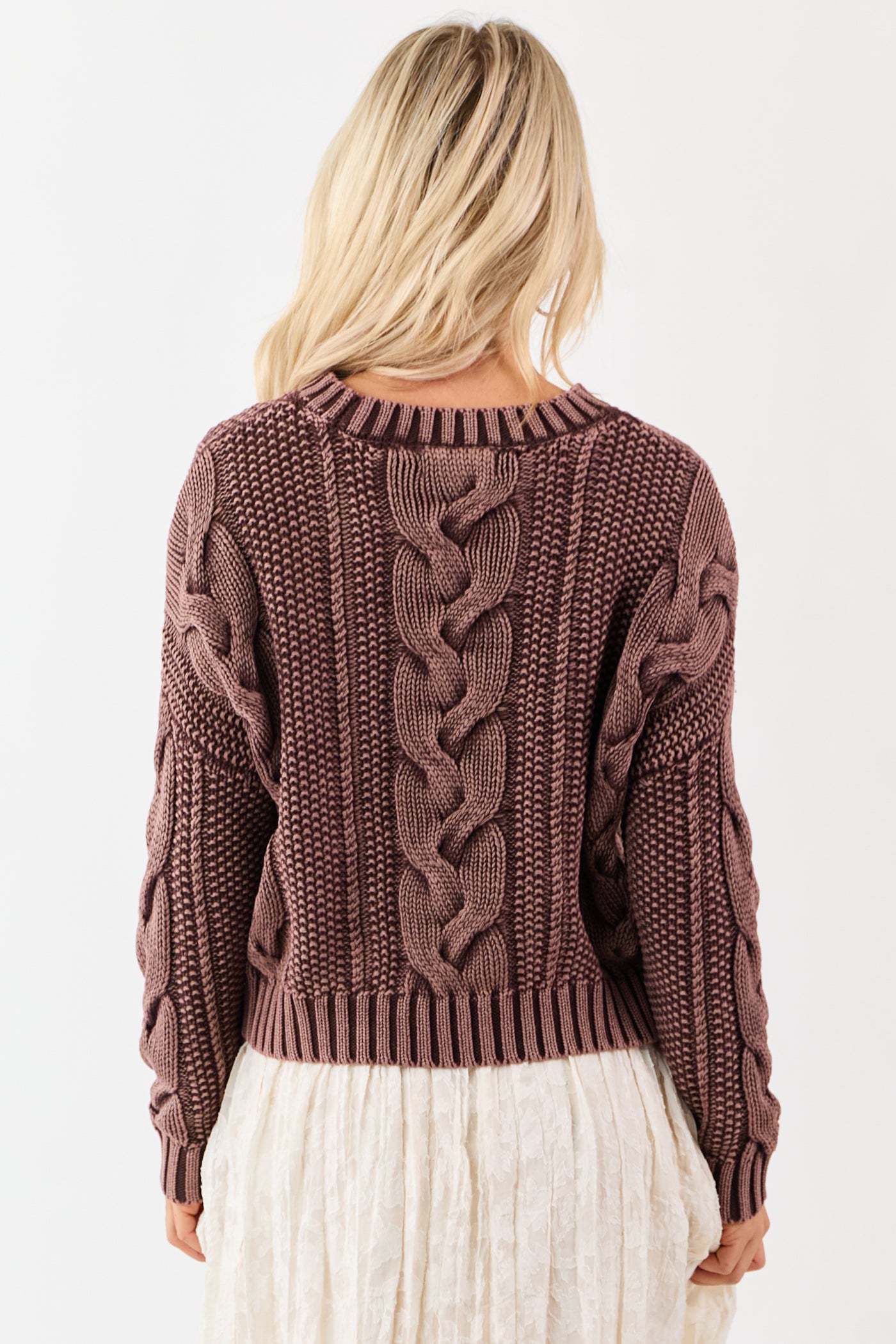 Chocolate Washed Cotton Cable Knit Pullover Sweater