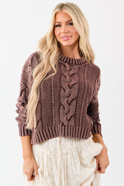 Chocolate Washed Cotton Cable Knit Pullover Sweater