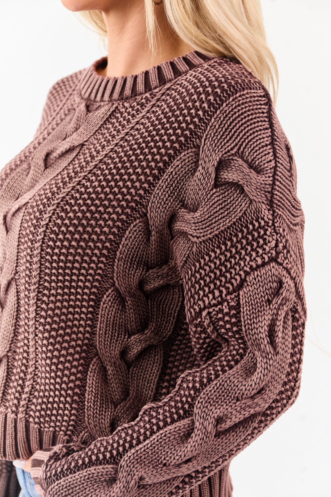 Chocolate Washed Cotton Cable Knit Pullover Sweater