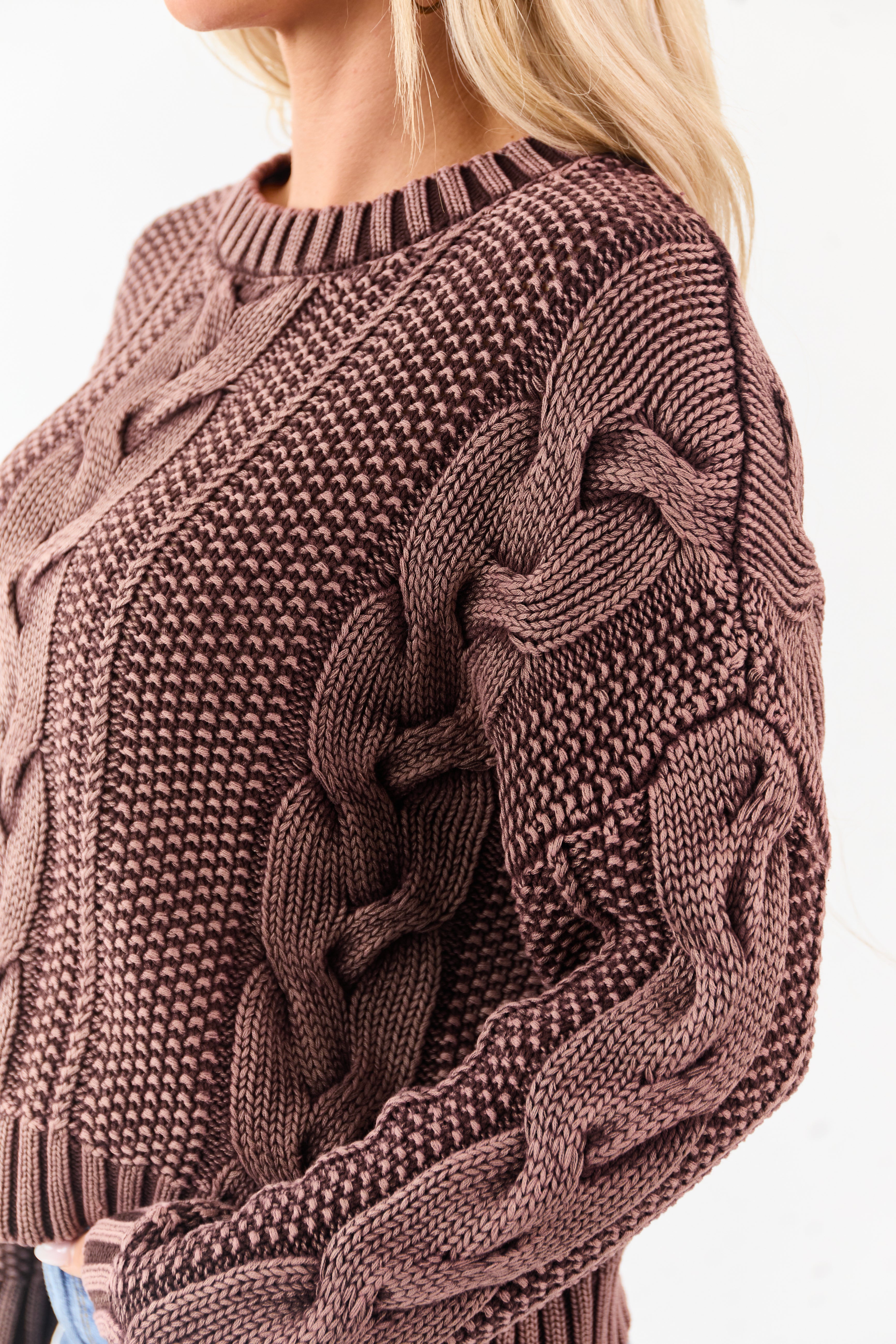 Chocolate Washed Cotton Cable Knit Pullover Sweater