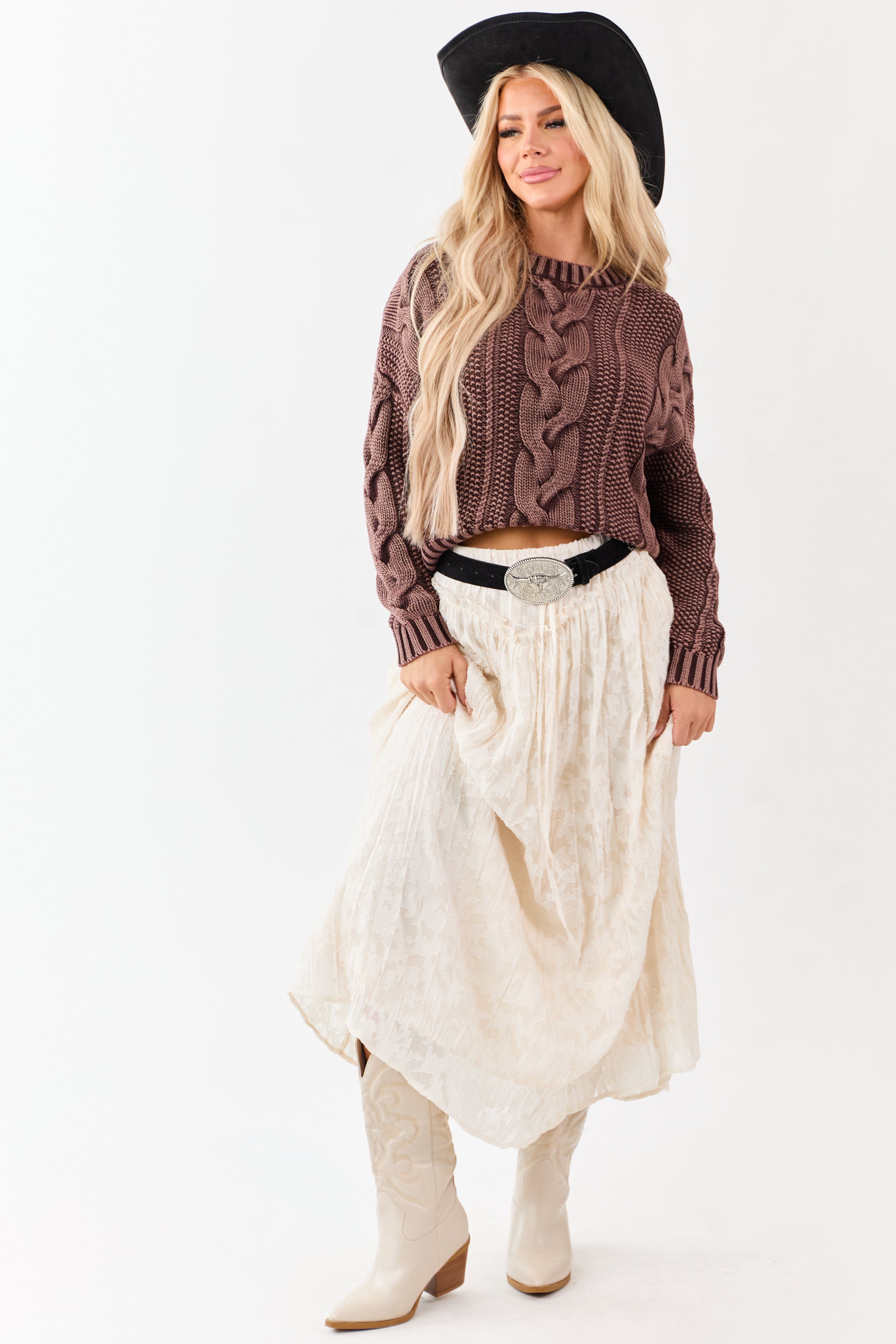 Chocolate Washed Cotton Cable Knit Pullover Sweater