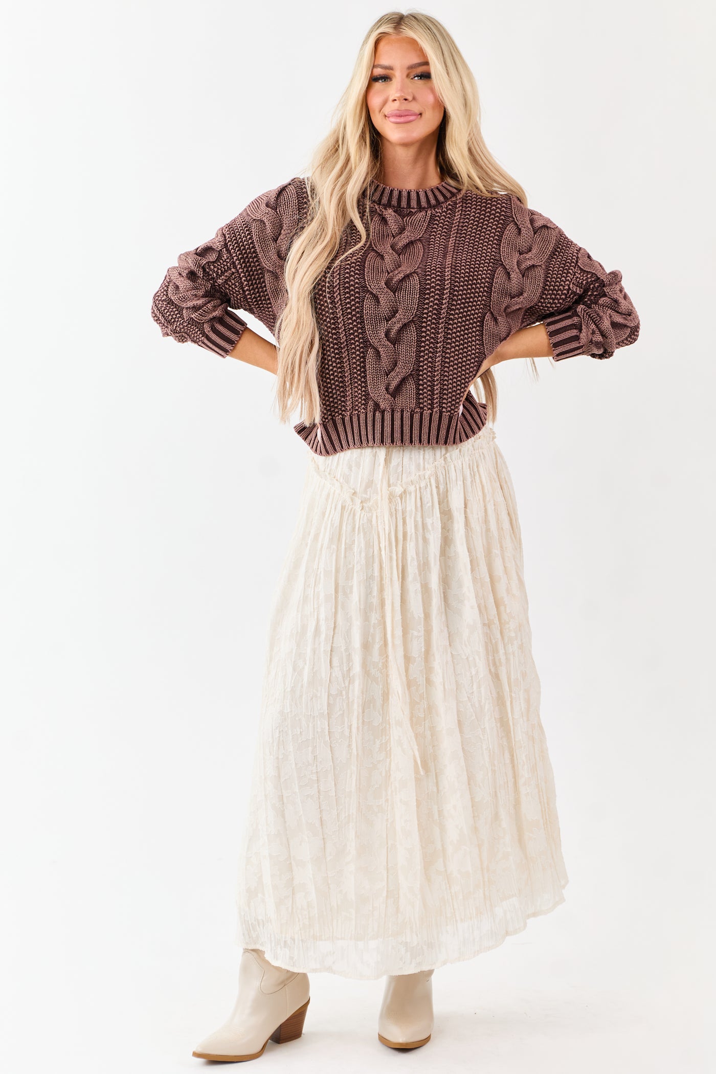 Chocolate Washed Cotton Cable Knit Pullover Sweater