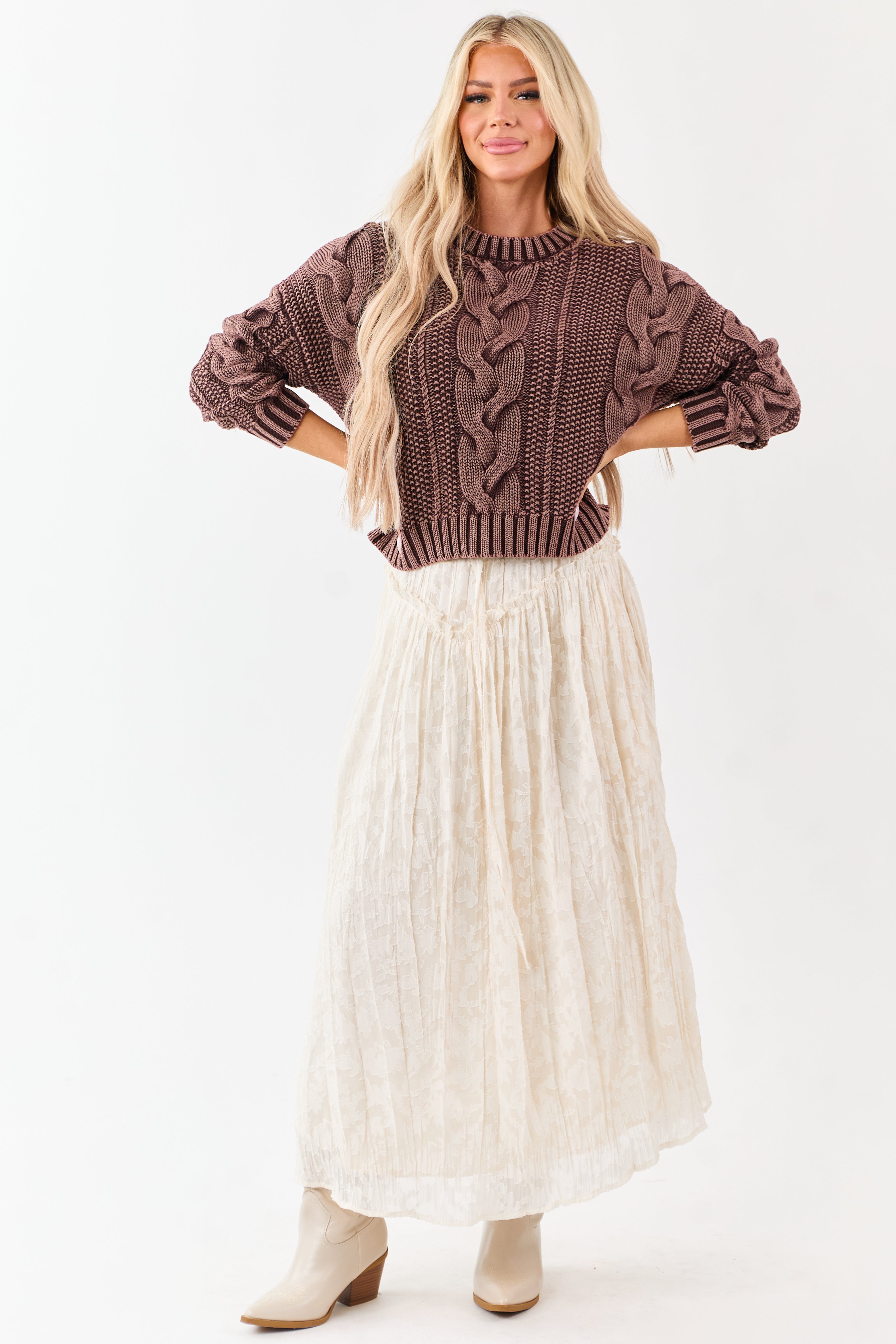 Chocolate Washed Cotton Cable Knit Pullover Sweater