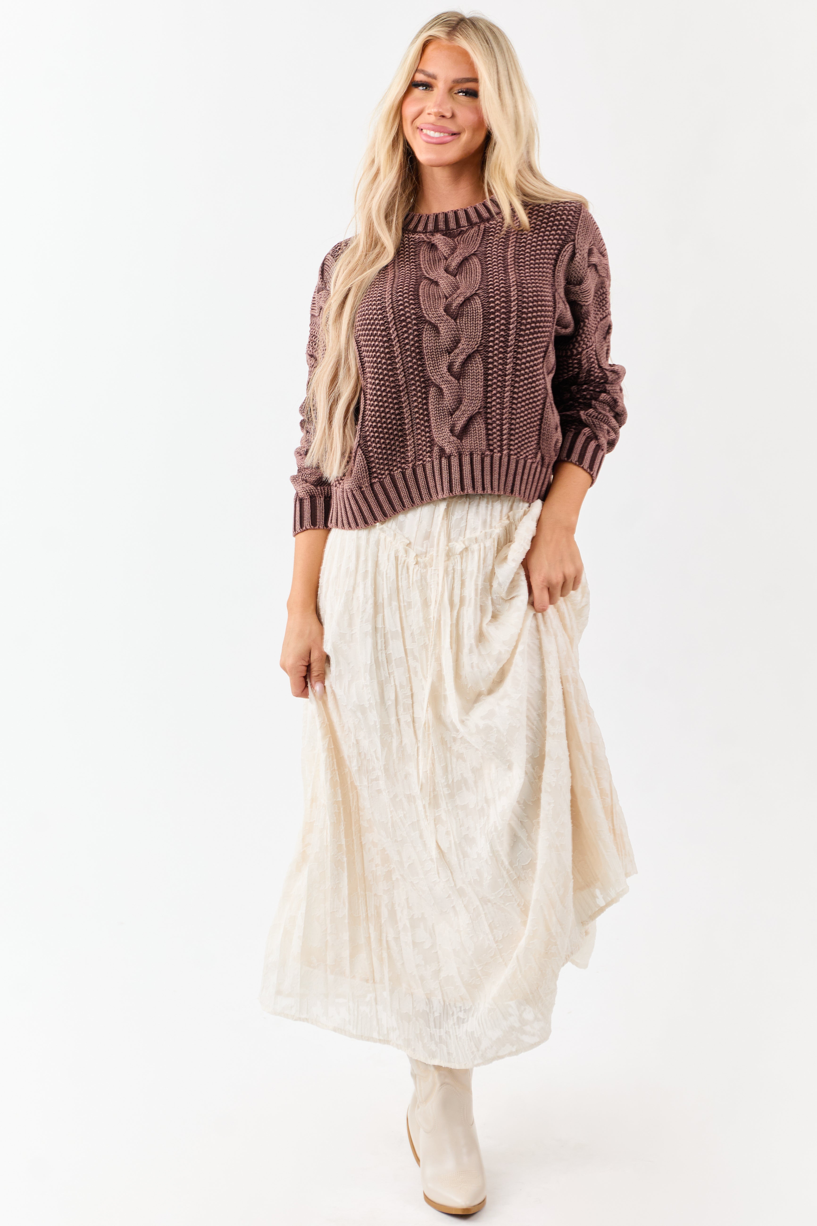 Chocolate Washed Cotton Cable Knit Pullover Sweater