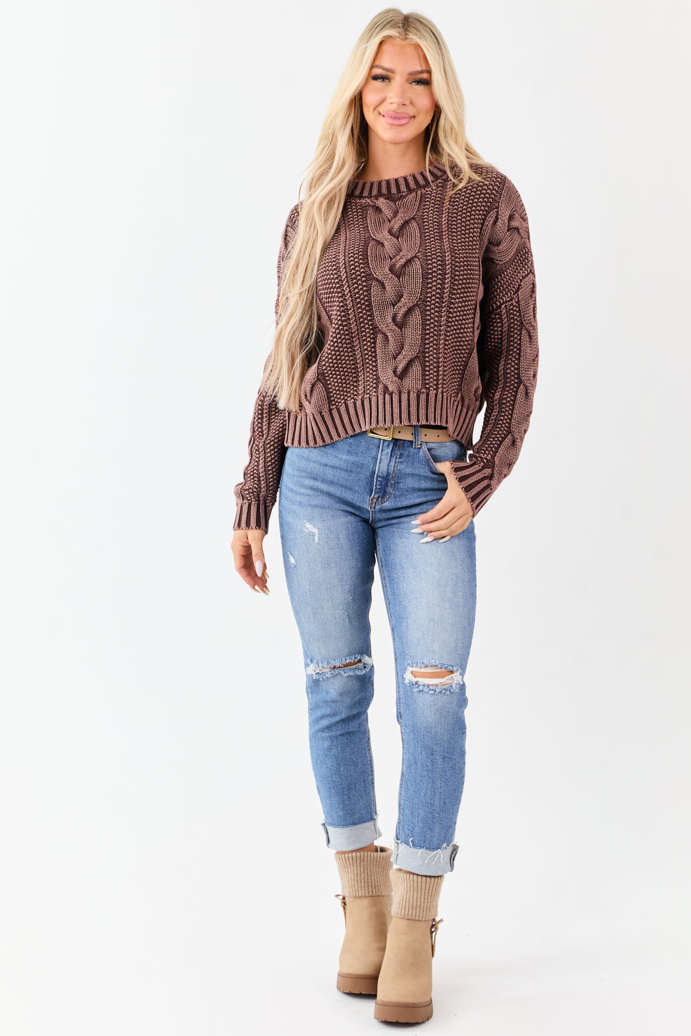 Chocolate Washed Cotton Cable Knit Pullover Sweater