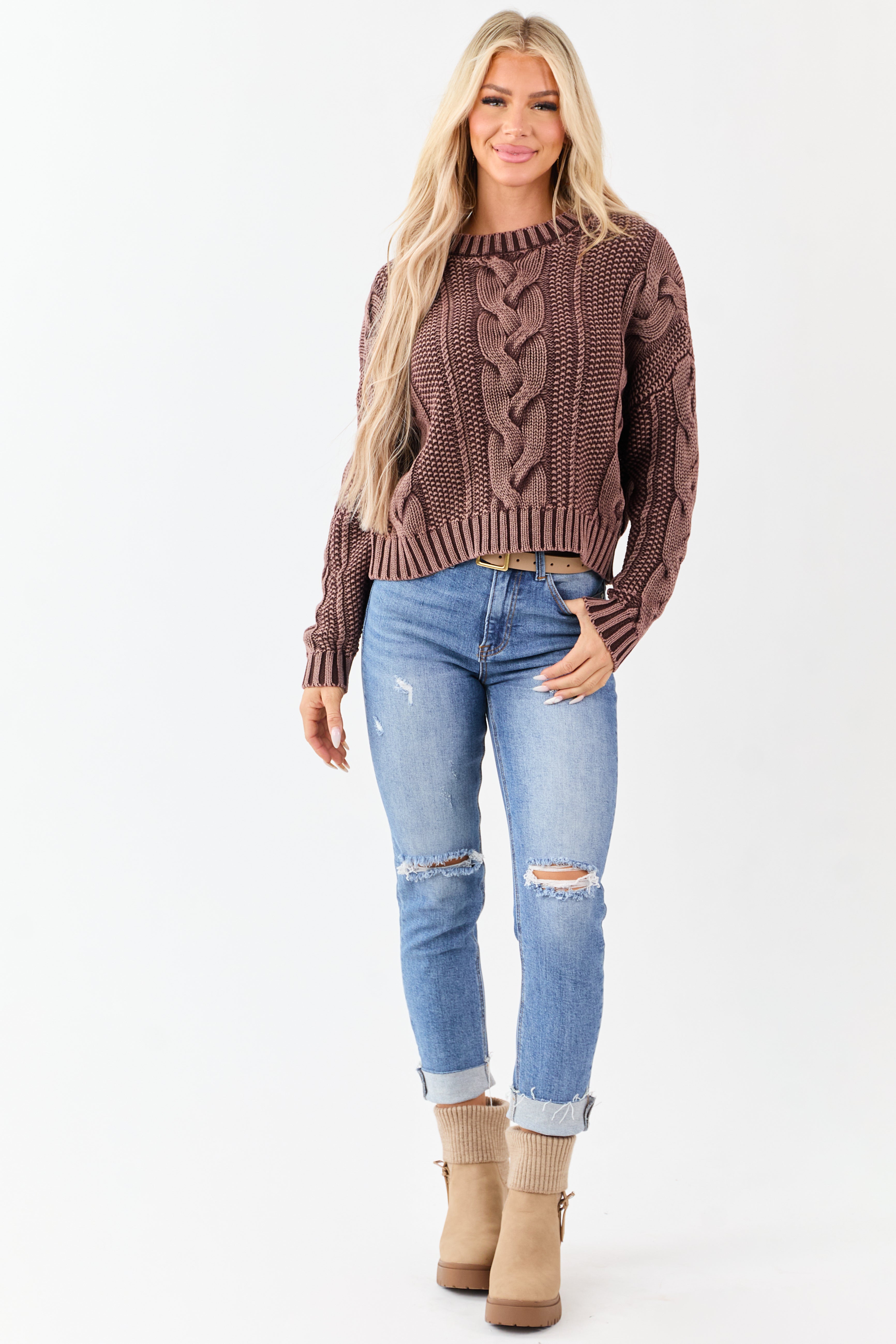 Chocolate Washed Cotton Cable Knit Pullover Sweater