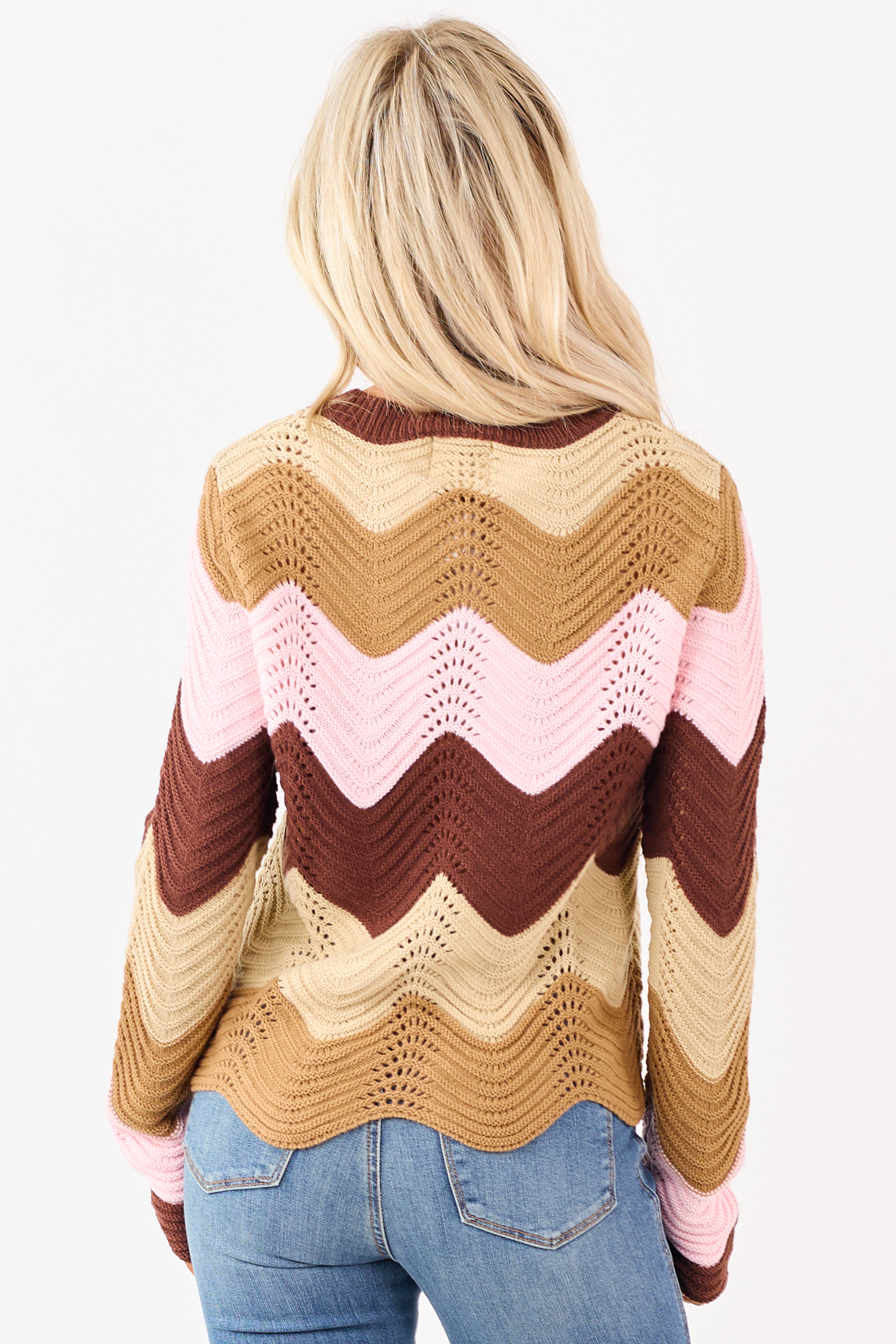 Chocolate Wavy Colorblock Stripe Pointelle Sweater