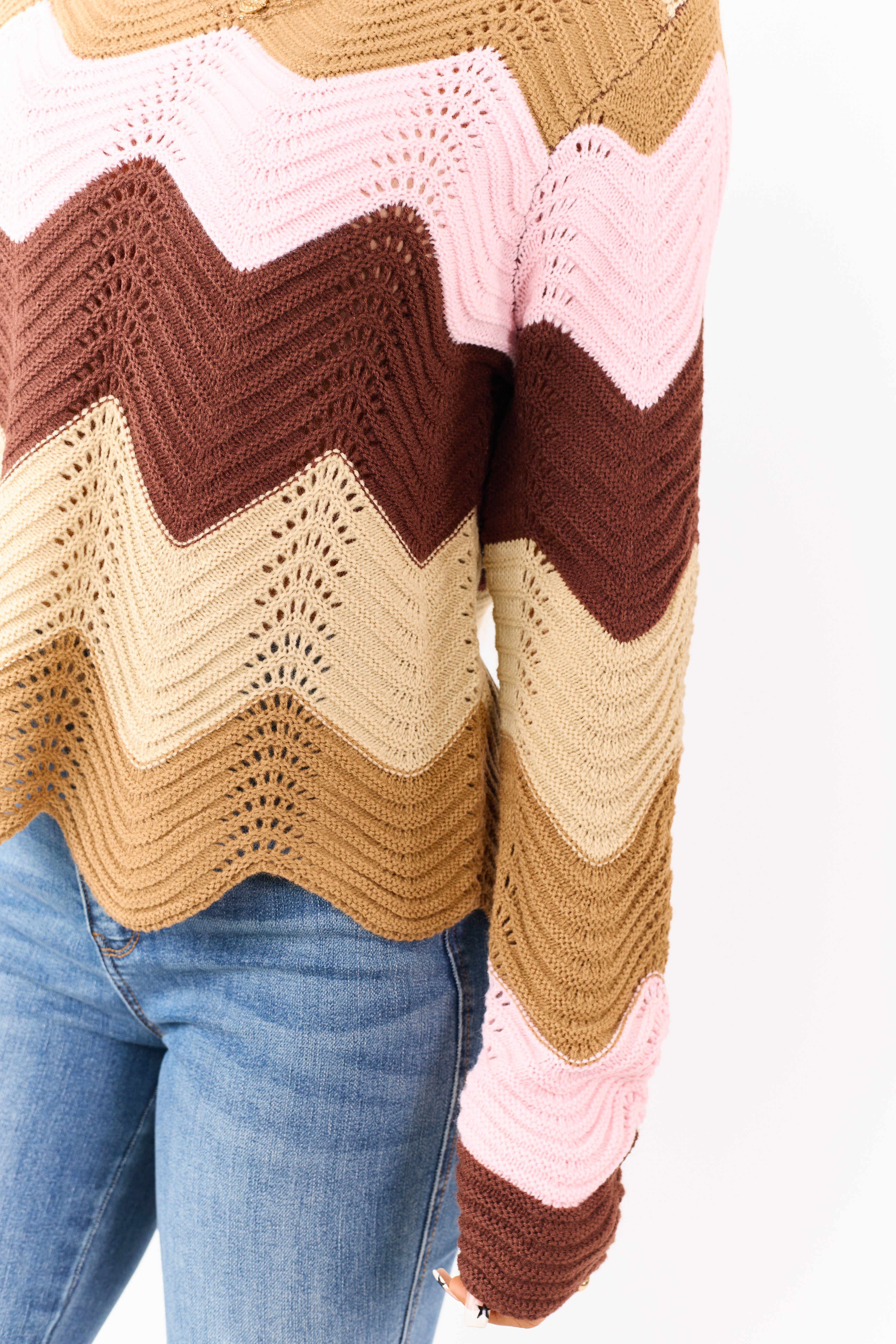 Chocolate Wavy Colorblock Stripe Pointelle Sweater