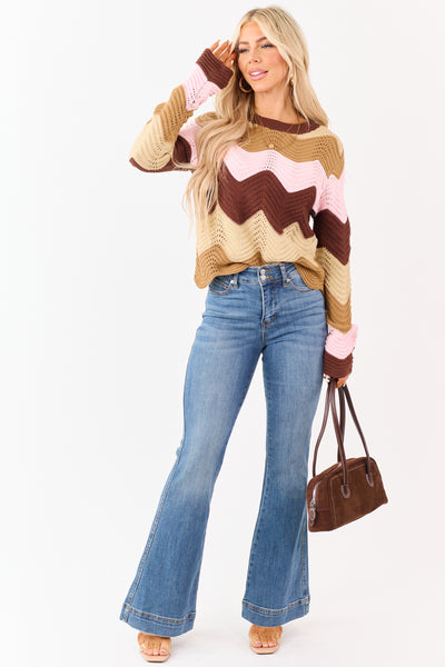 Chocolate Wavy Colorblock Stripe Pointelle Sweater