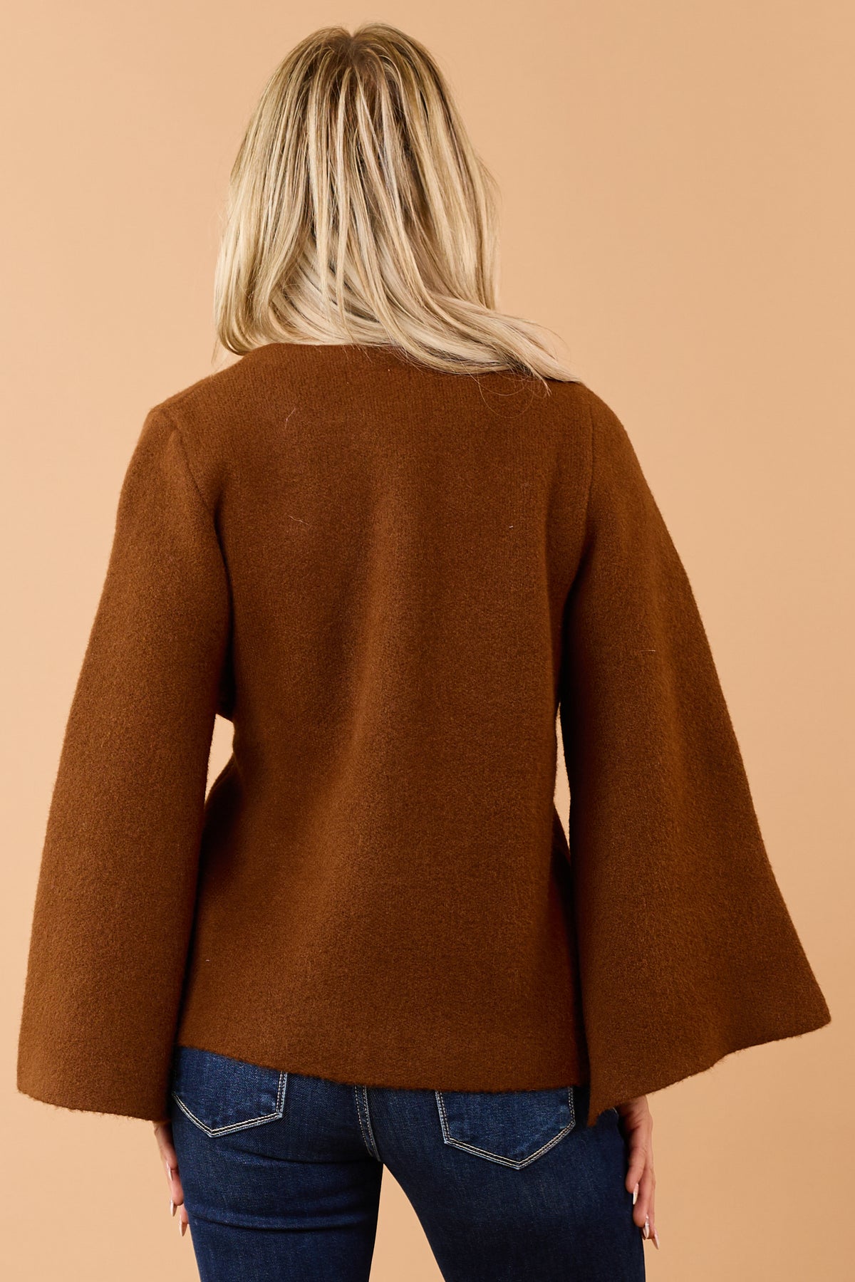 Chocolate Wool Blend Flare Sleeve Wrap Cardigan