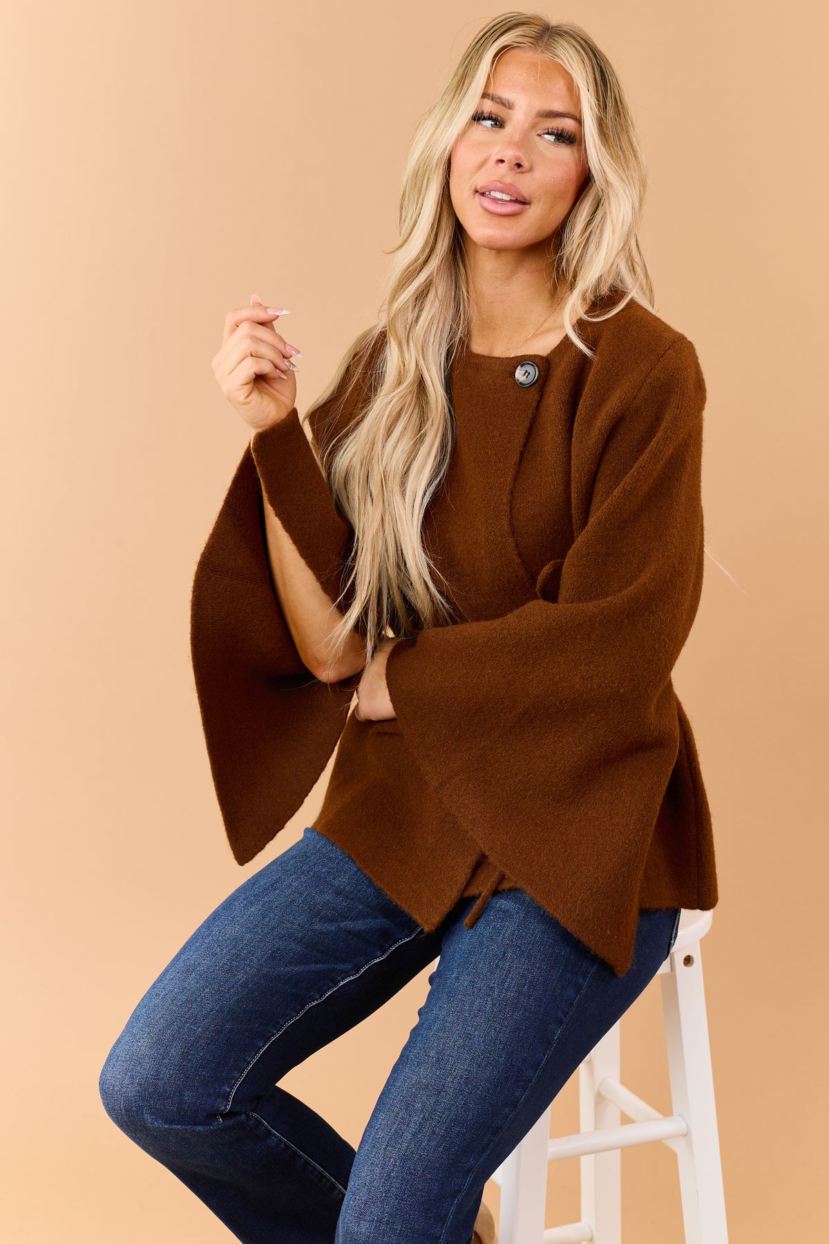 Chocolate Wool Blend Flare Sleeve Wrap Cardigan