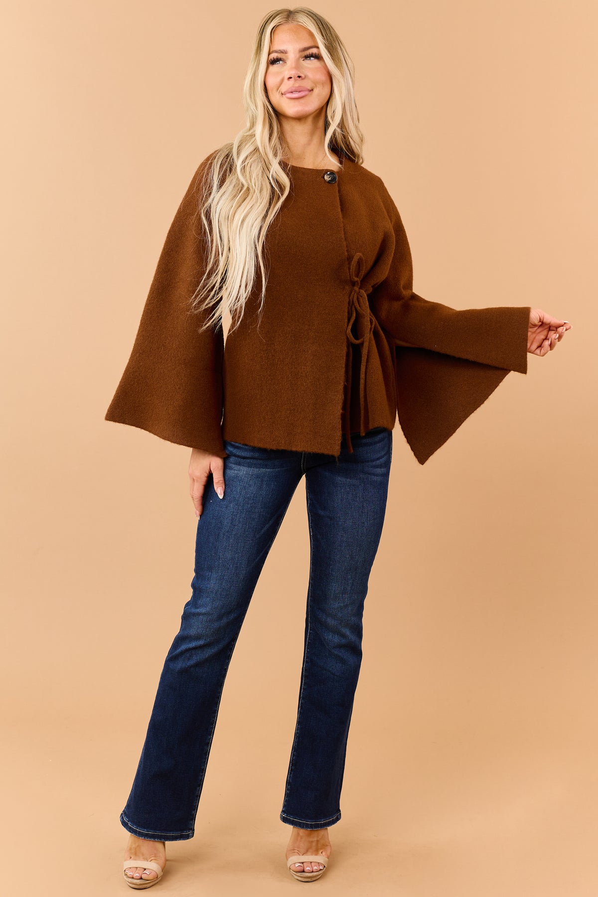 Chocolate Wool Blend Flare Sleeve Wrap Cardigan