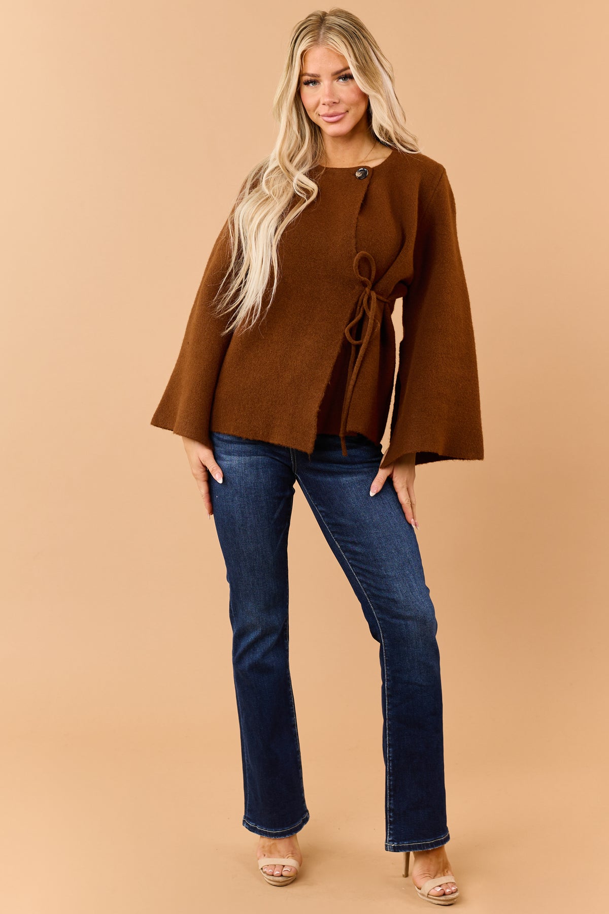 Chocolate Wool Blend Flare Sleeve Wrap Cardigan