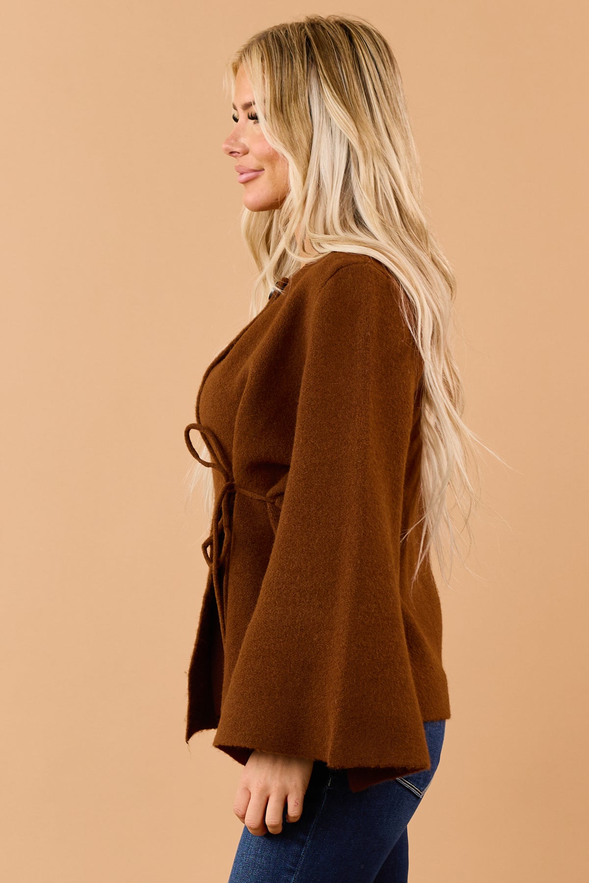 Chocolate Wool Blend Flare Sleeve Wrap Cardigan