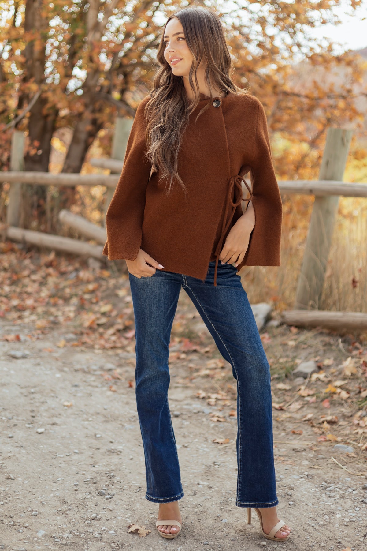 Chocolate Wool Blend Flare Sleeve Wrap Cardigan