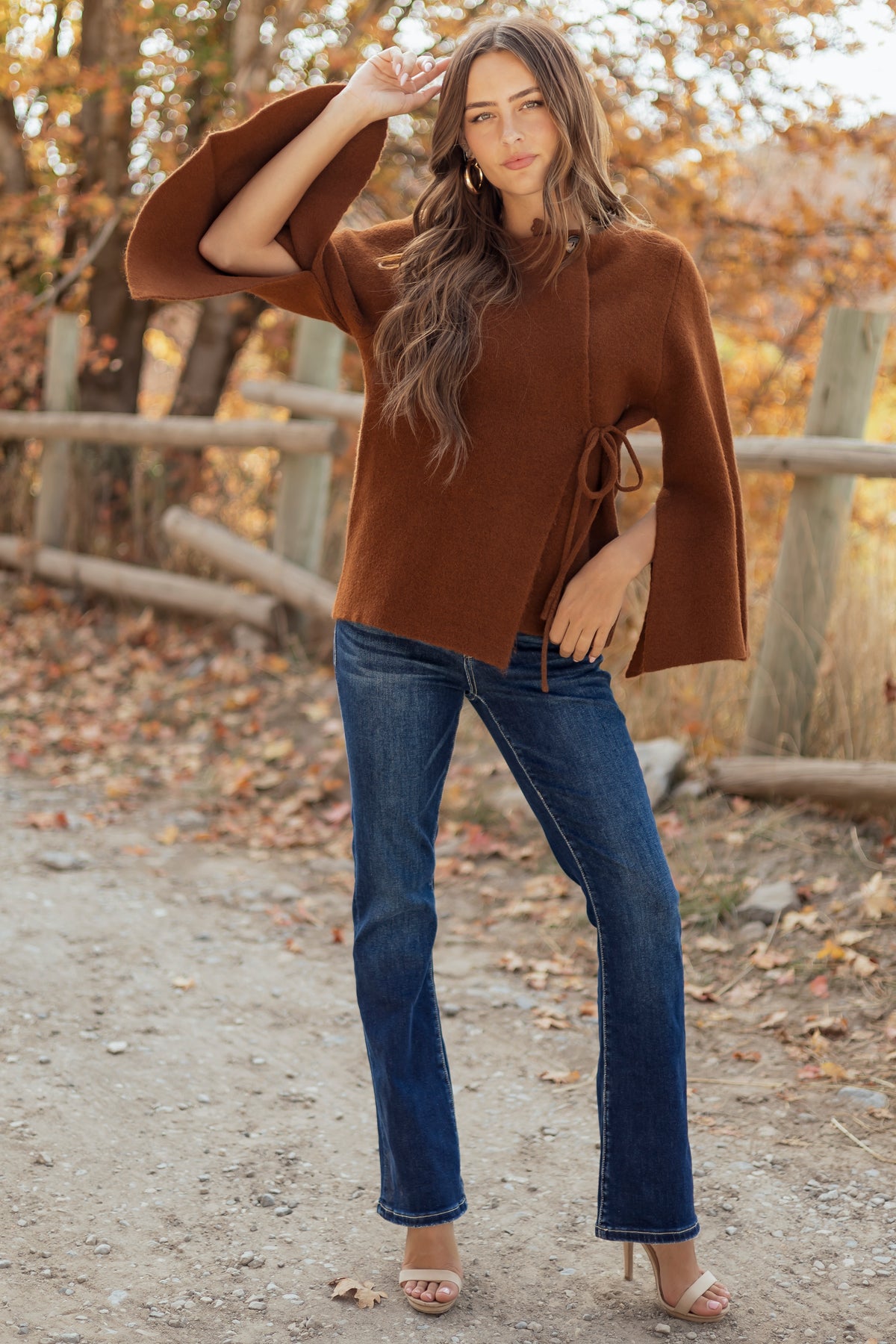 Chocolate Wool Blend Flare Sleeve Wrap Cardigan