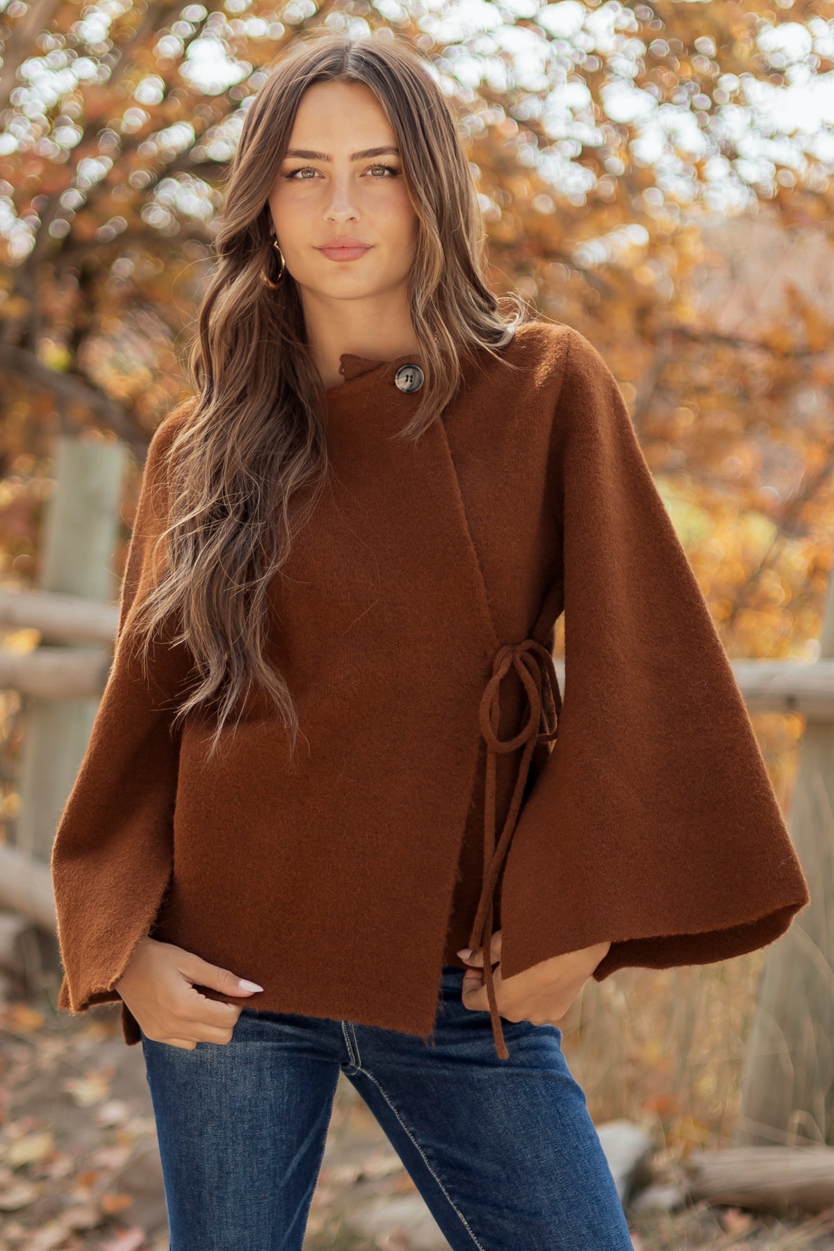 Chocolate Wool Blend Flare Sleeve Wrap Cardigan