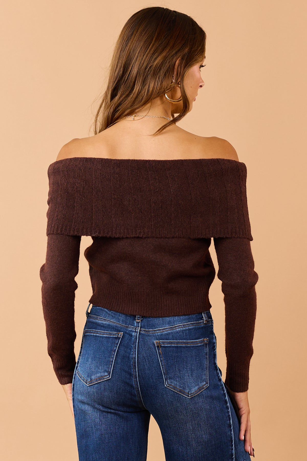 Chocolate Wool Blend Rib Knit Off Shoulder Sweater