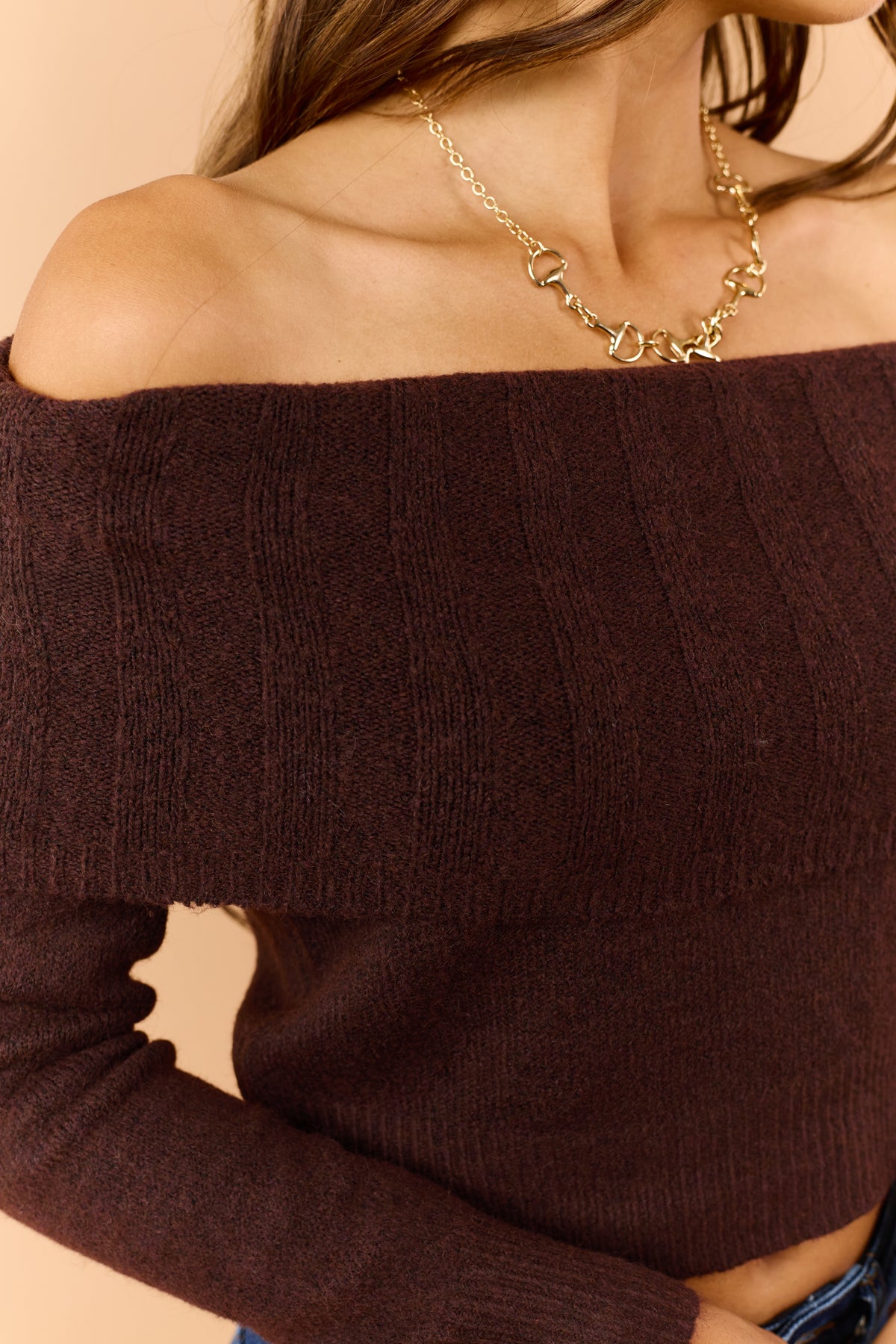 Chocolate Wool Blend Rib Knit Off Shoulder Sweater