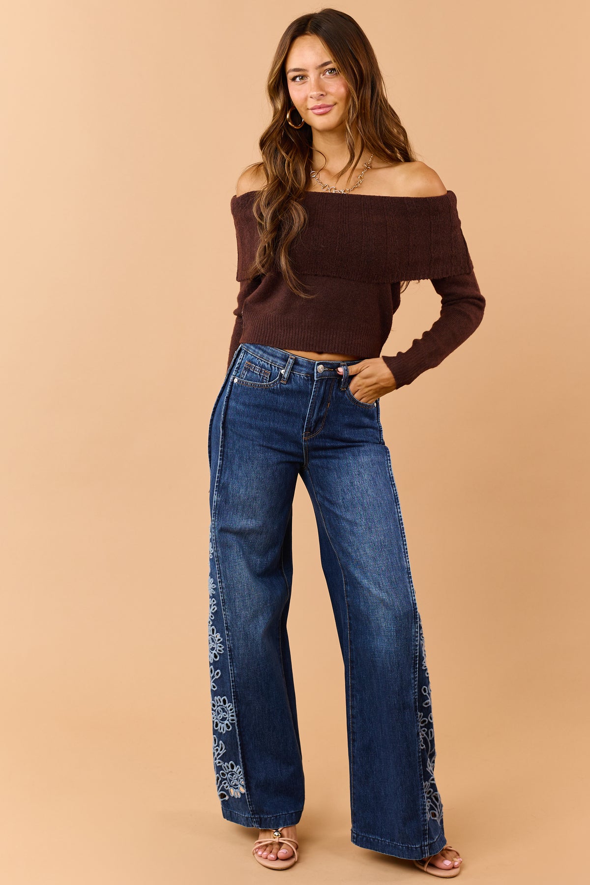 Chocolate Wool Blend Rib Knit Off Shoulder Sweater