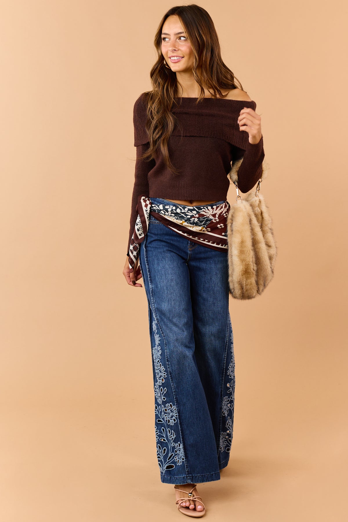 Chocolate Wool Blend Rib Knit Off Shoulder Sweater