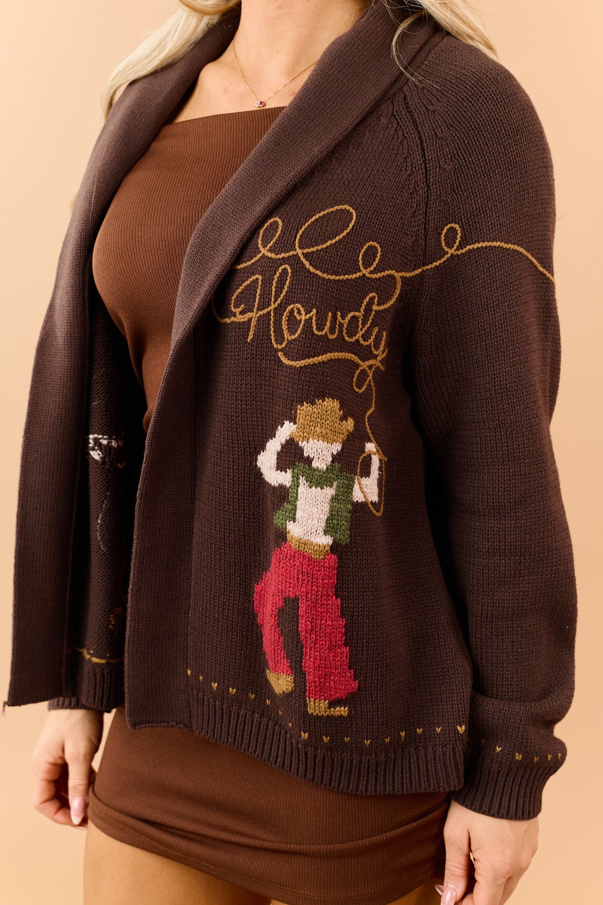 Chocolate 'Howdy' Cowboy Motif Sweater Cardigan