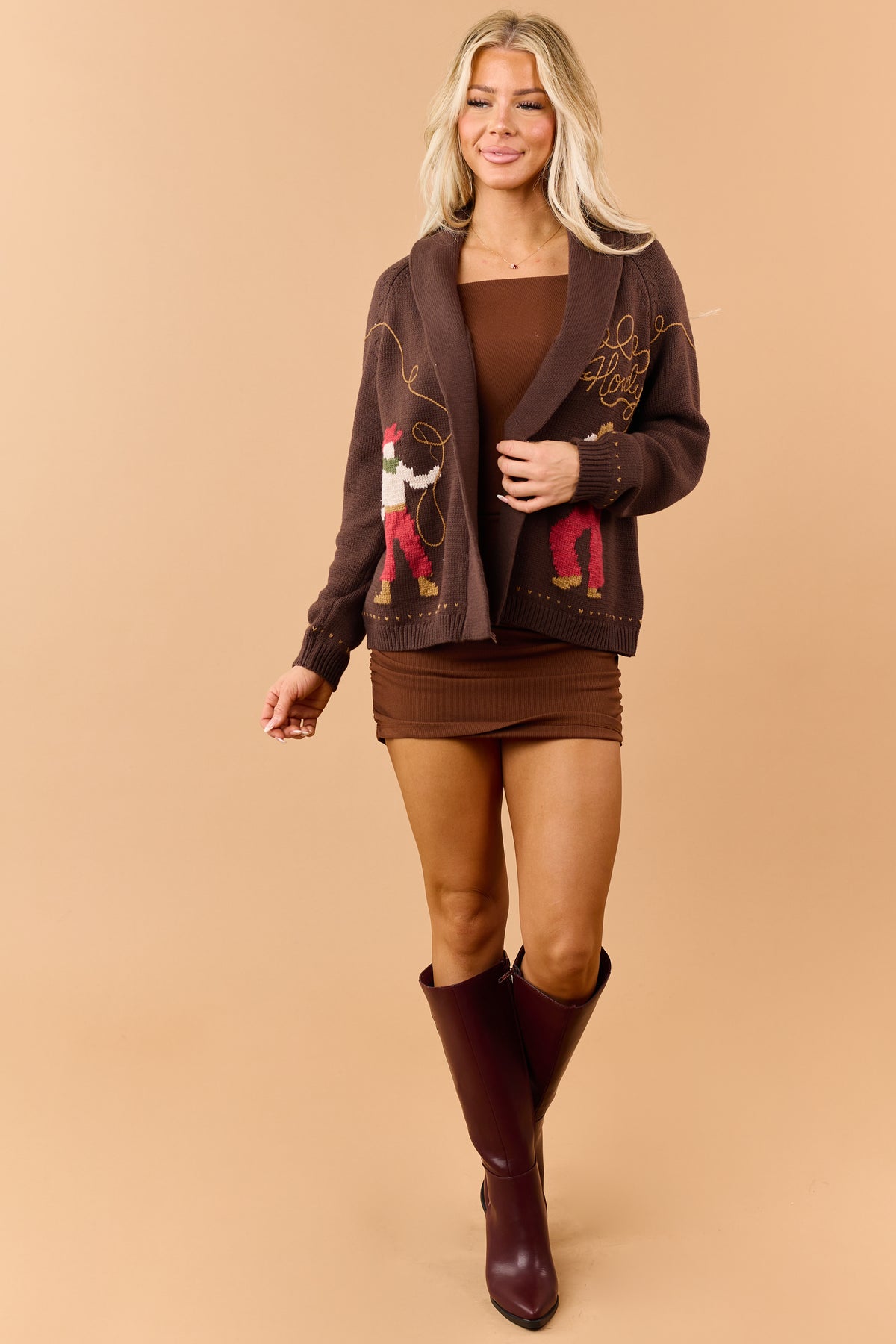 Chocolate 'Howdy' Cowboy Motif Sweater Cardigan
