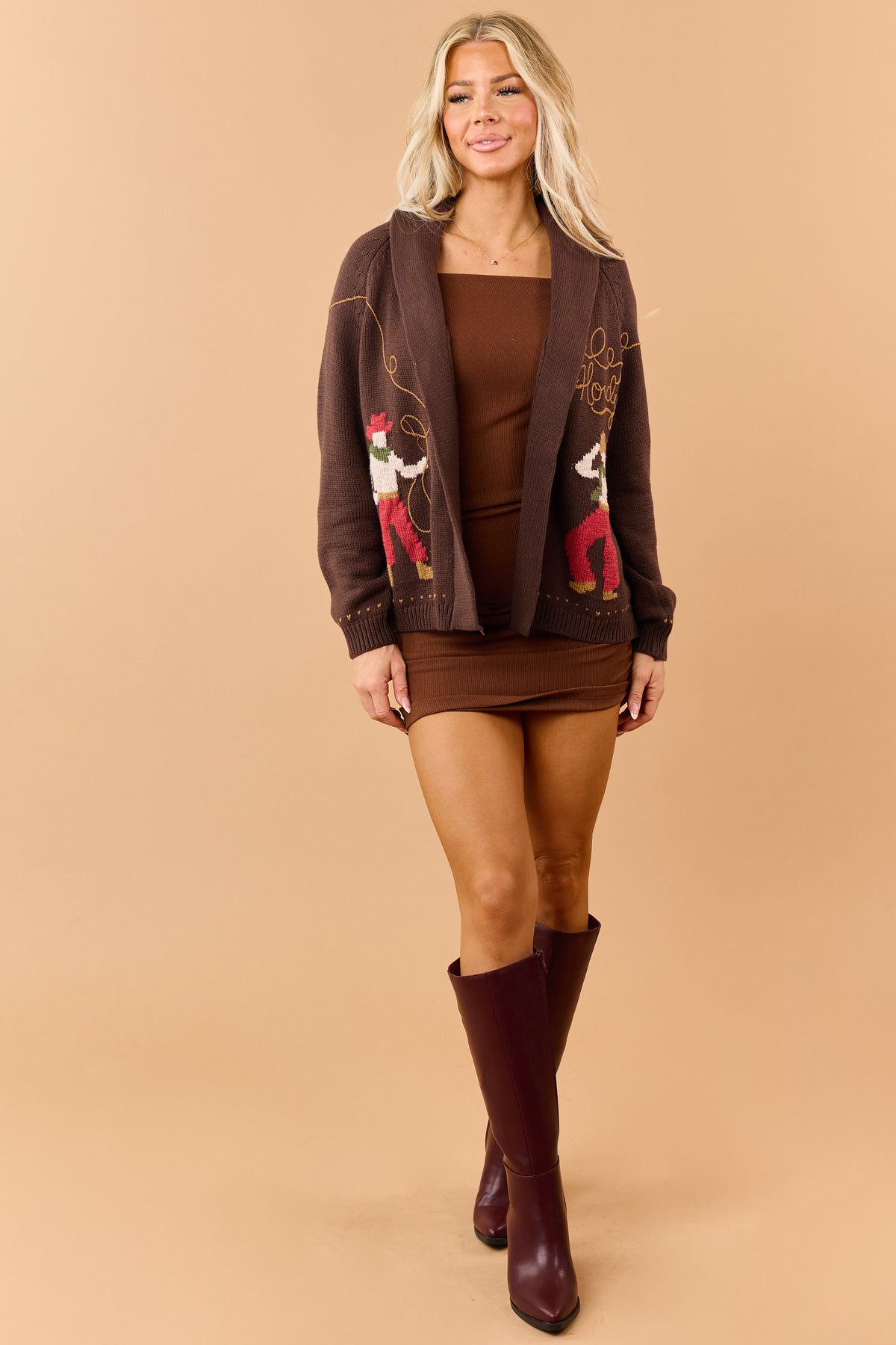 Chocolate 'Howdy' Cowboy Motif Sweater Cardigan