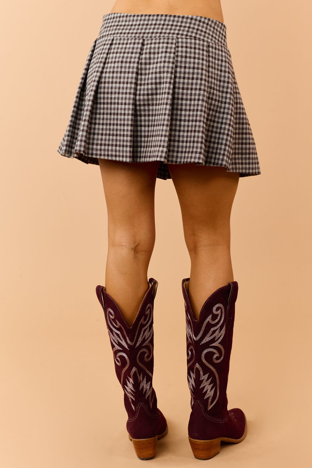 Chocolate and Almond Gingham Pleated Mini Skirt