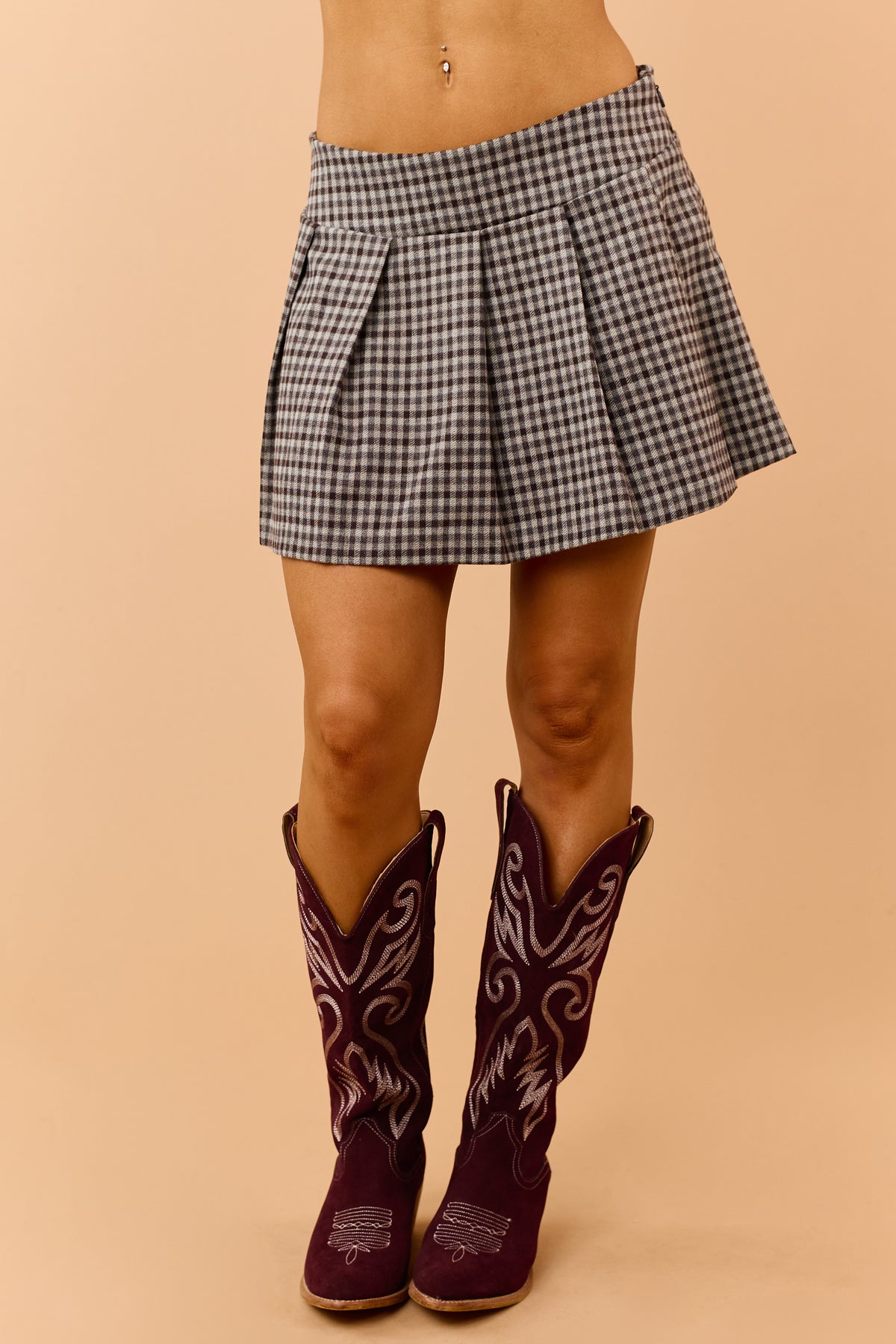 Chocolate and Almond Gingham Pleated Mini Skirt