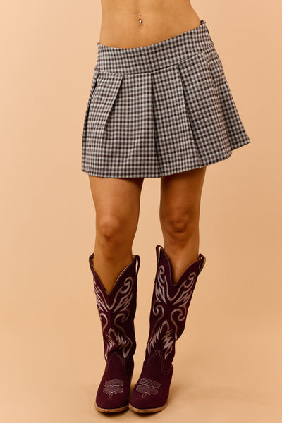 Chocolate and Almond Gingham Pleated Mini Skirt