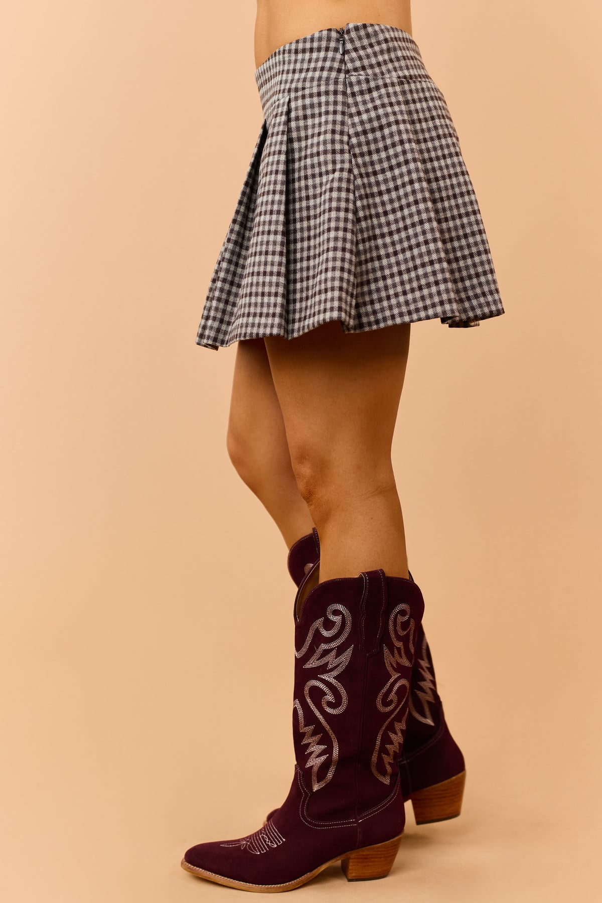 Chocolate and Almond Gingham Pleated Mini Skirt
