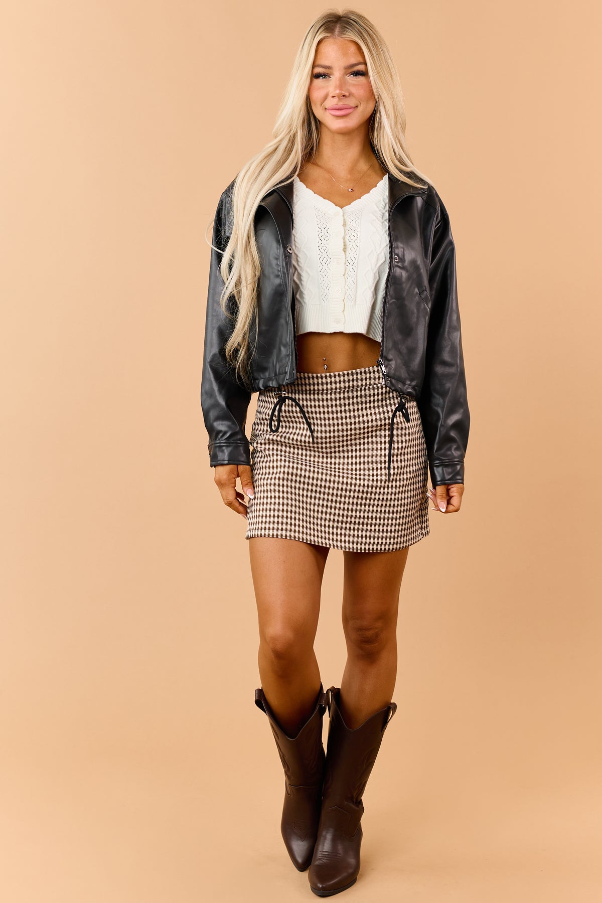 Chocolate and Beige Houndstooth Mini Skort