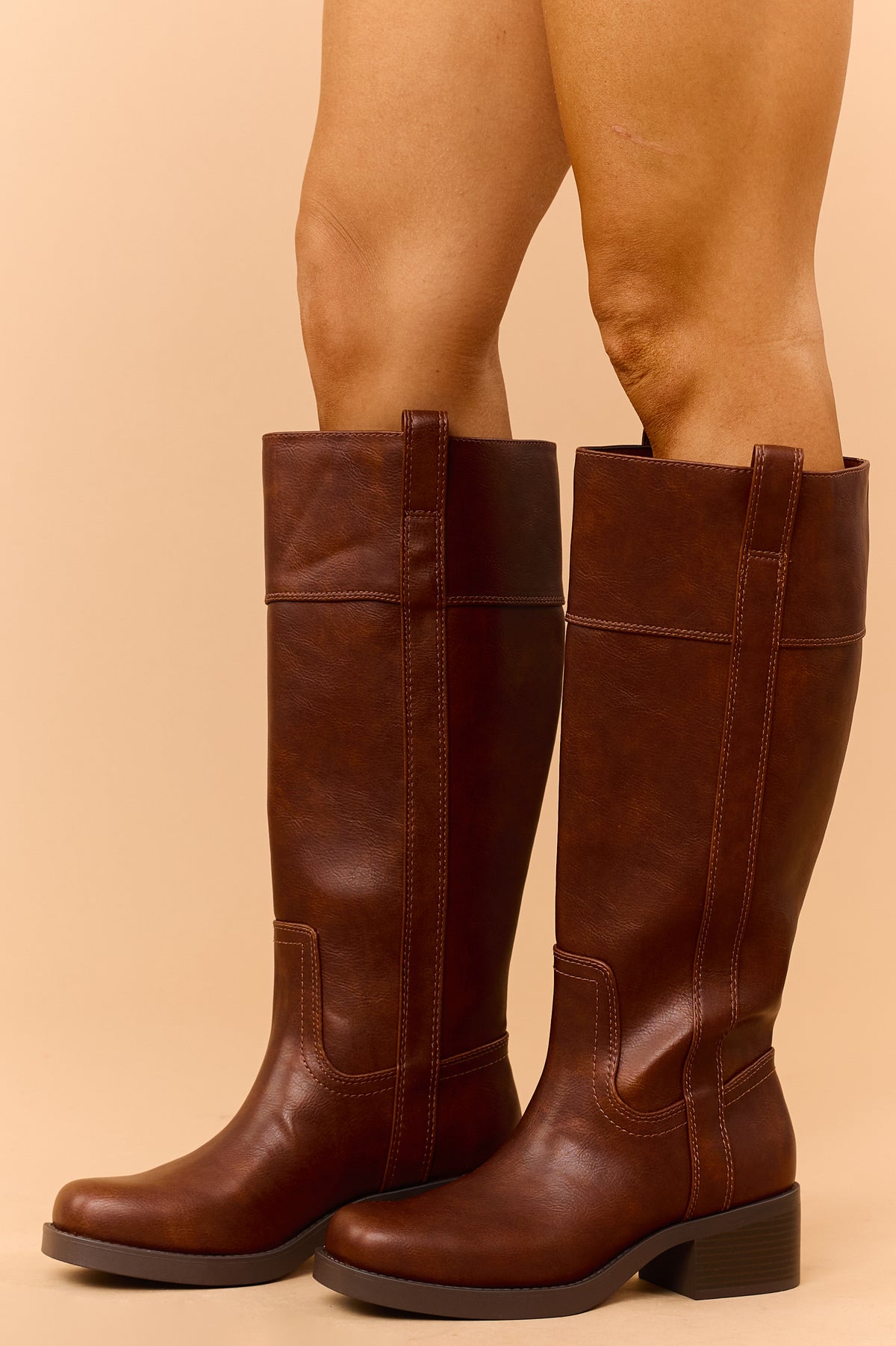 Chocolate Faux Leather Block Heel Riding Boots