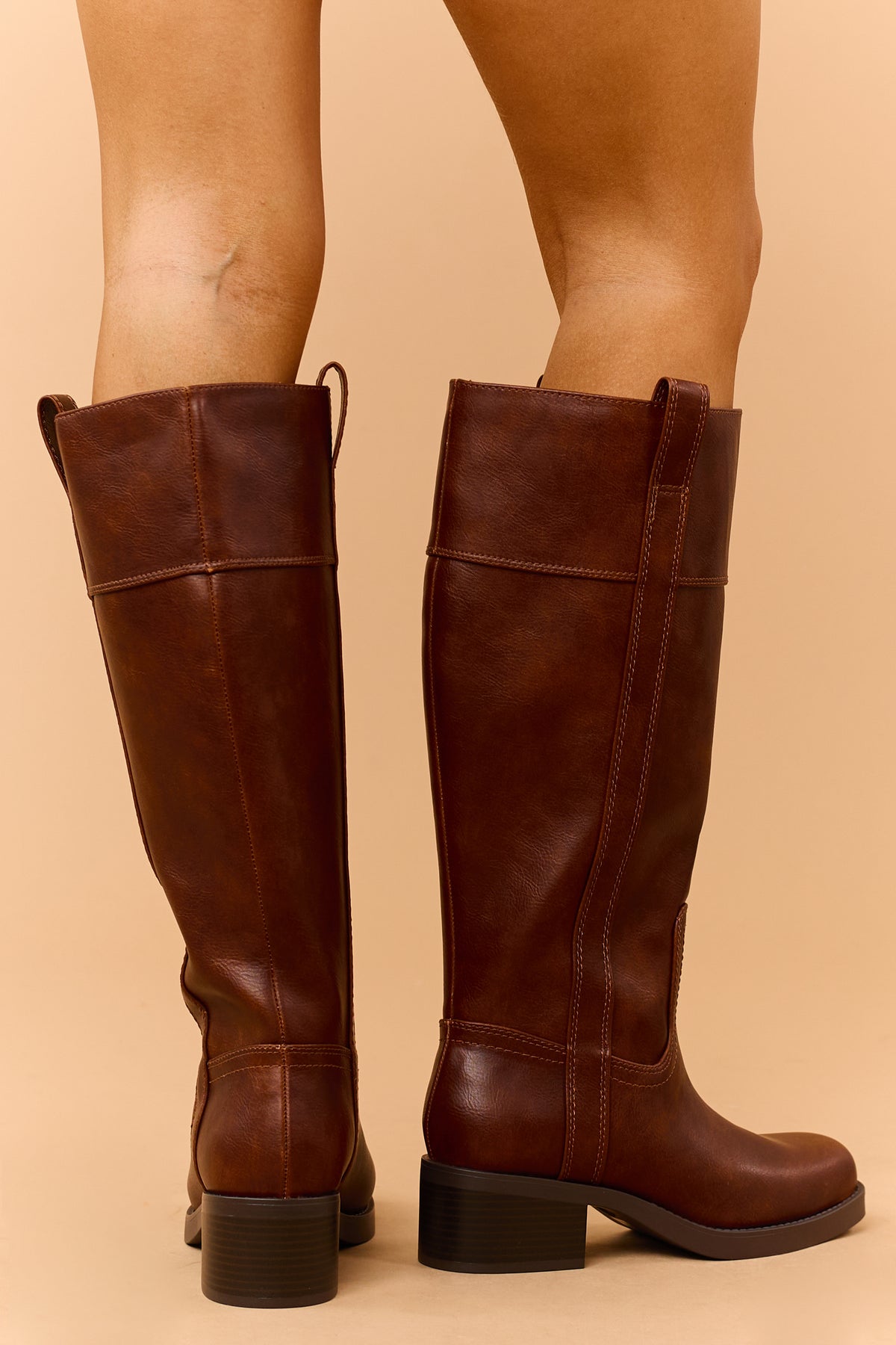 Chocolate Faux Leather Block Heel Riding Boots