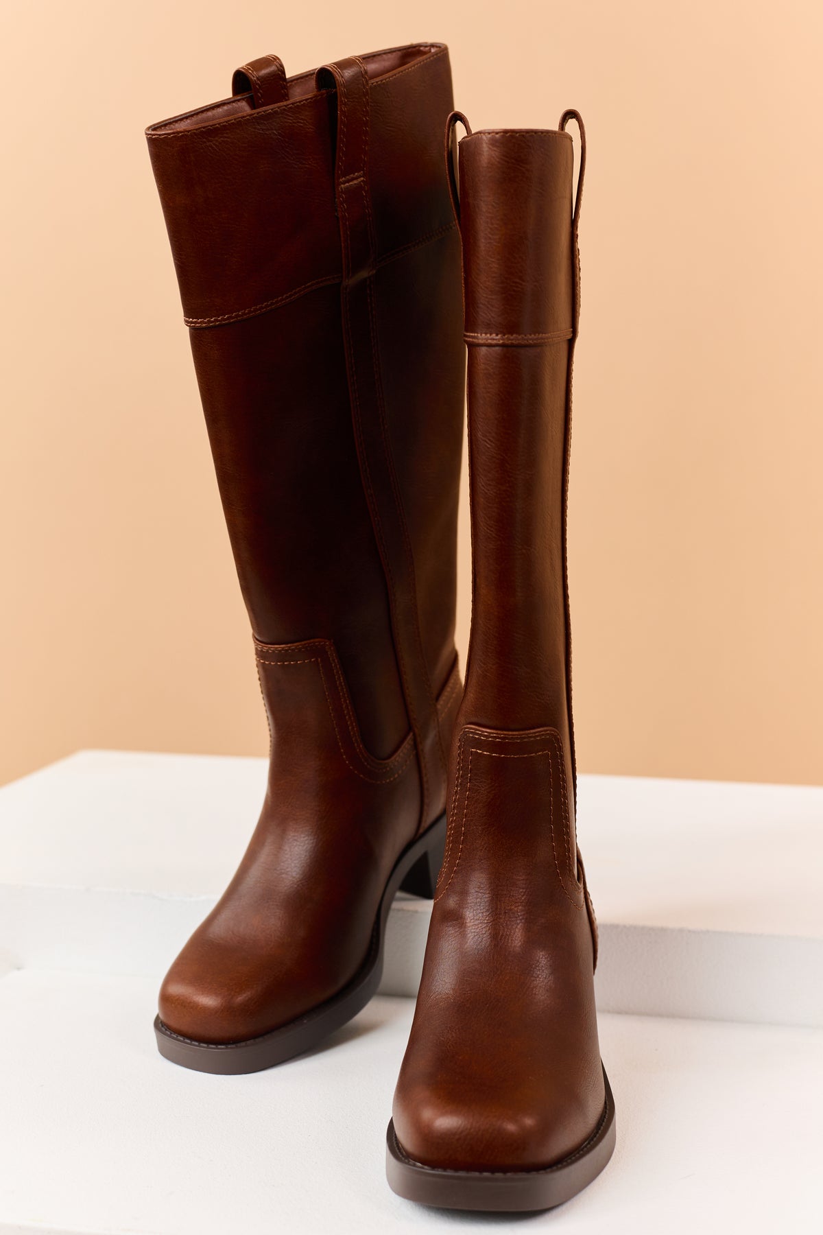 Chocolate Faux Leather Block Heel Riding Boots