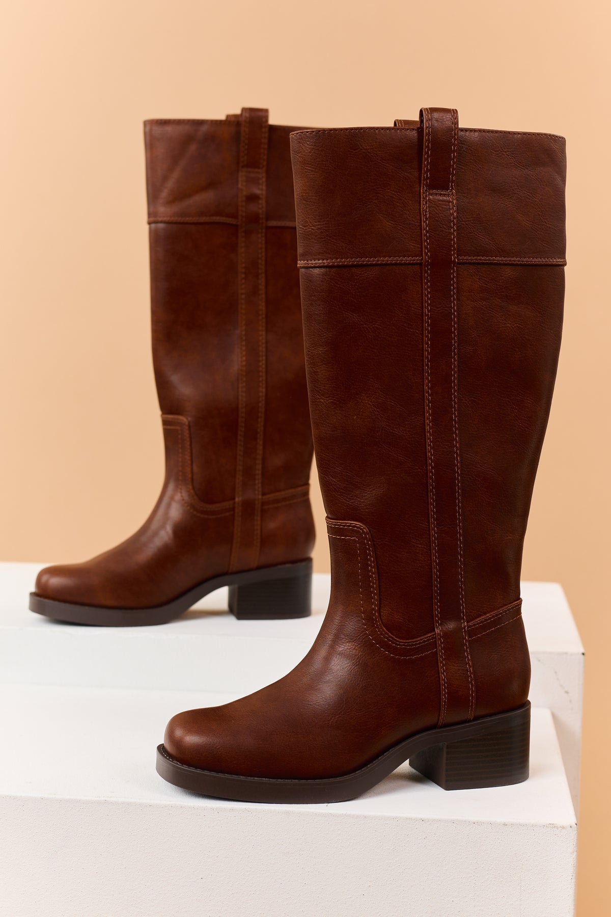 Chocolate Faux Leather Block Heel Riding Boots