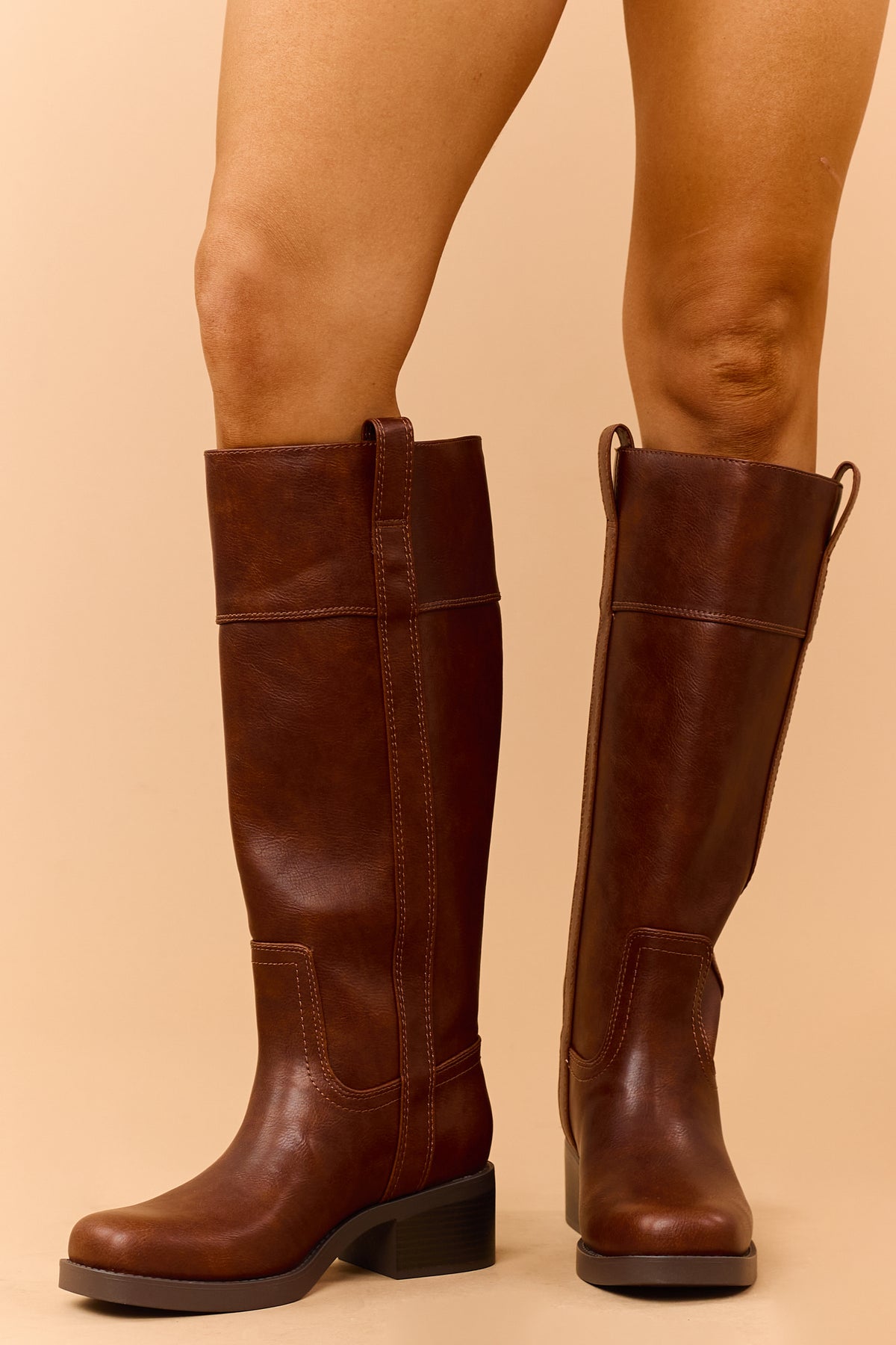 Chocolate Faux Leather Block Heel Riding Boots