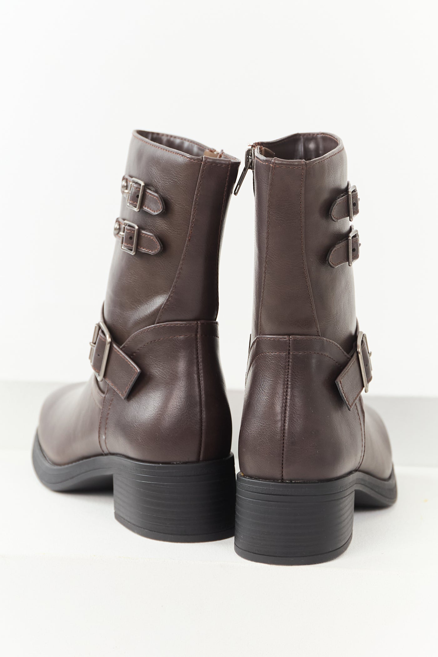 Chocolate Faux Leather Buckle Detail Block Heel Boots