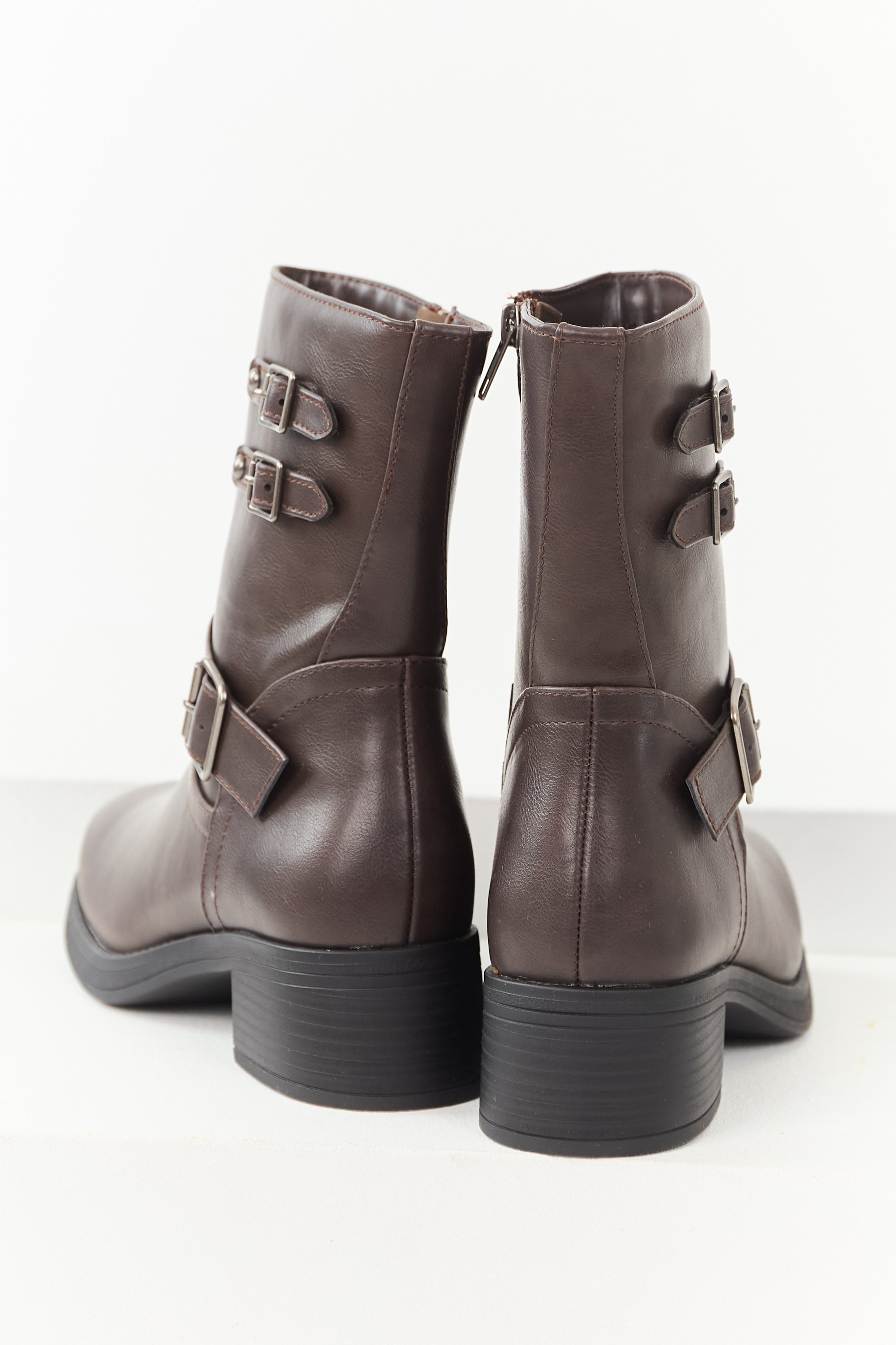Chocolate Faux Leather Buckle Detail Block Heel Boots