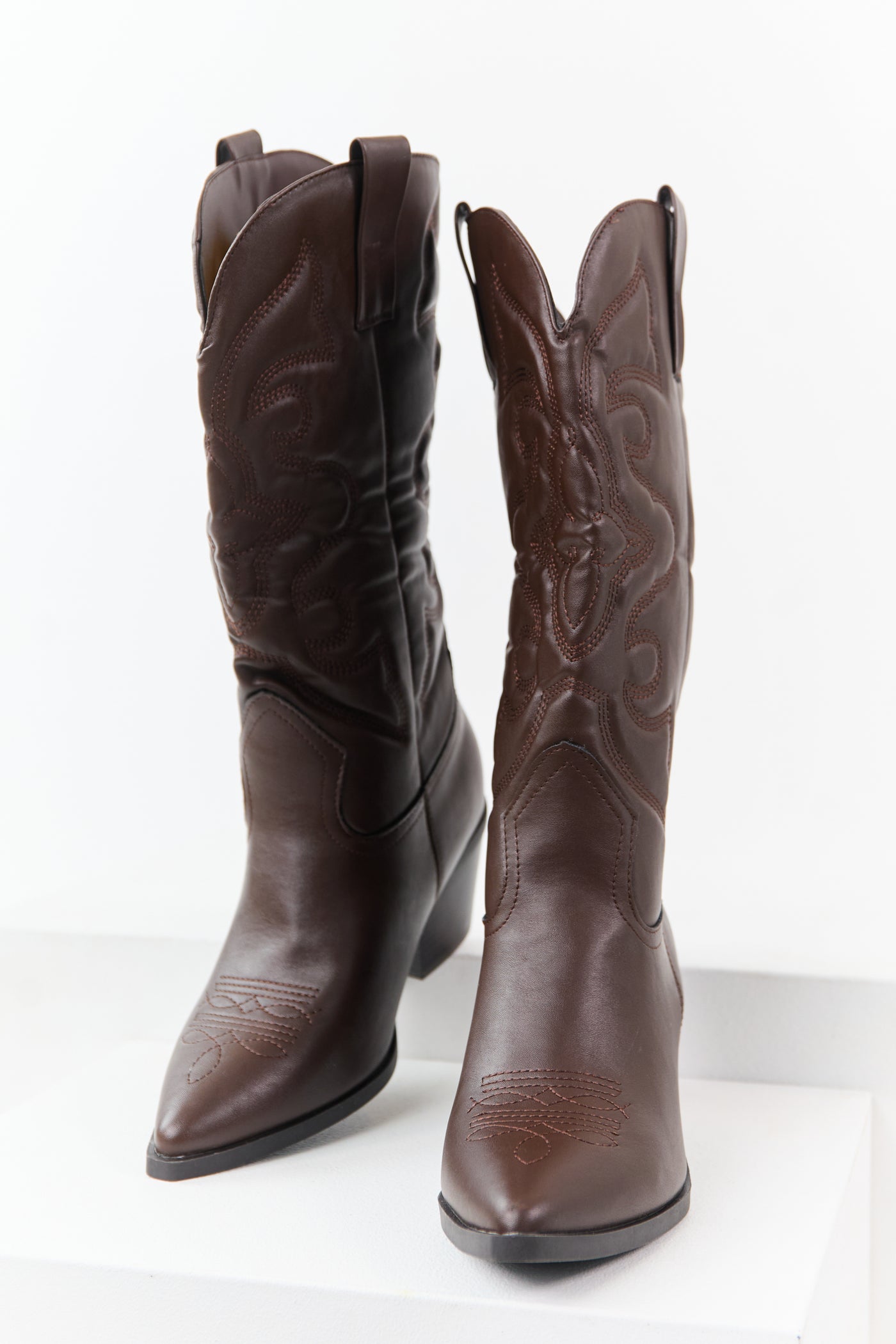 Chocolate Faux Leather Embroidered Cowboy Boots