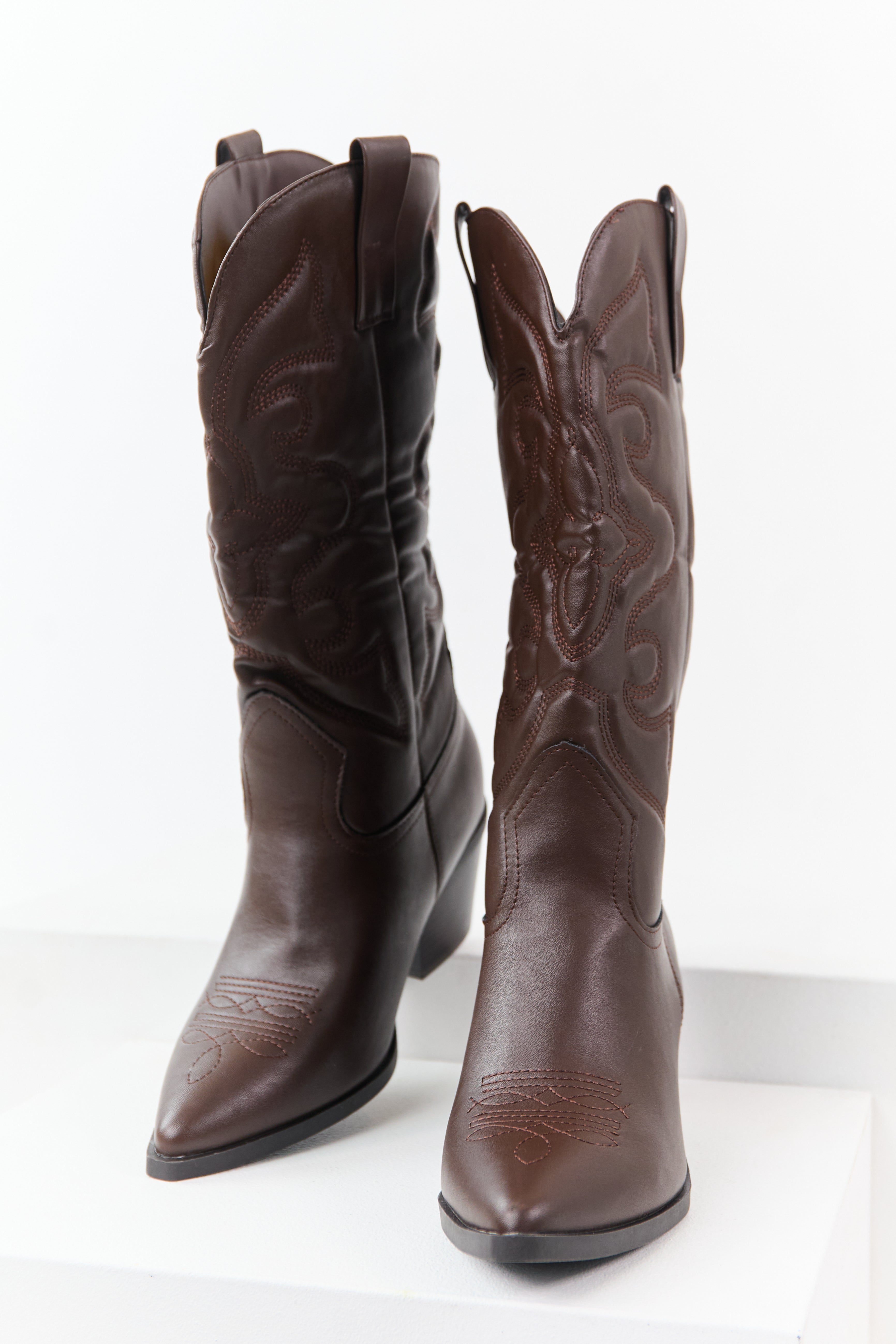 Chocolate Faux Leather Embroidered Cowboy Boots
