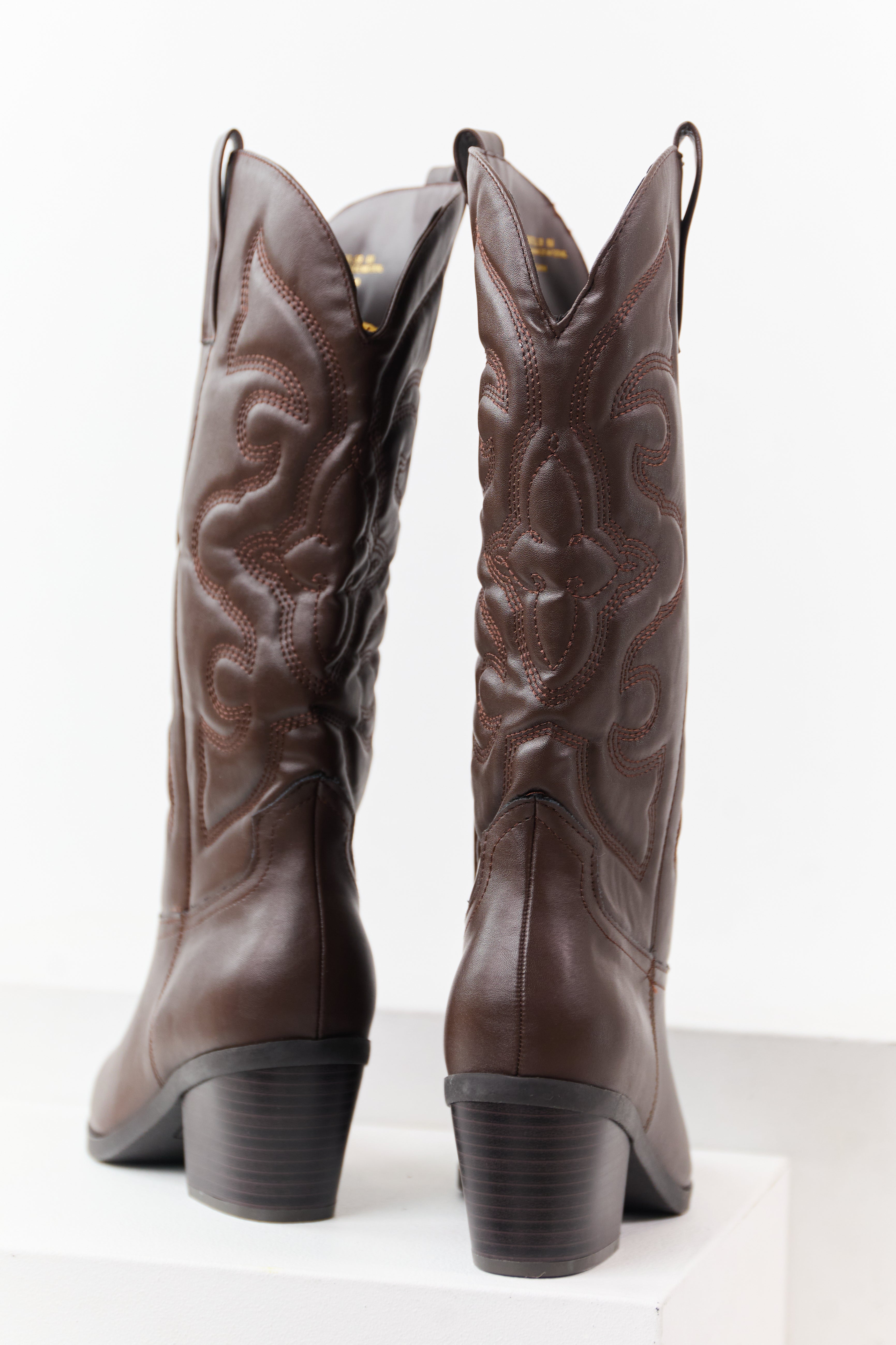 Chocolate Faux Leather Embroidered Cowboy Boots